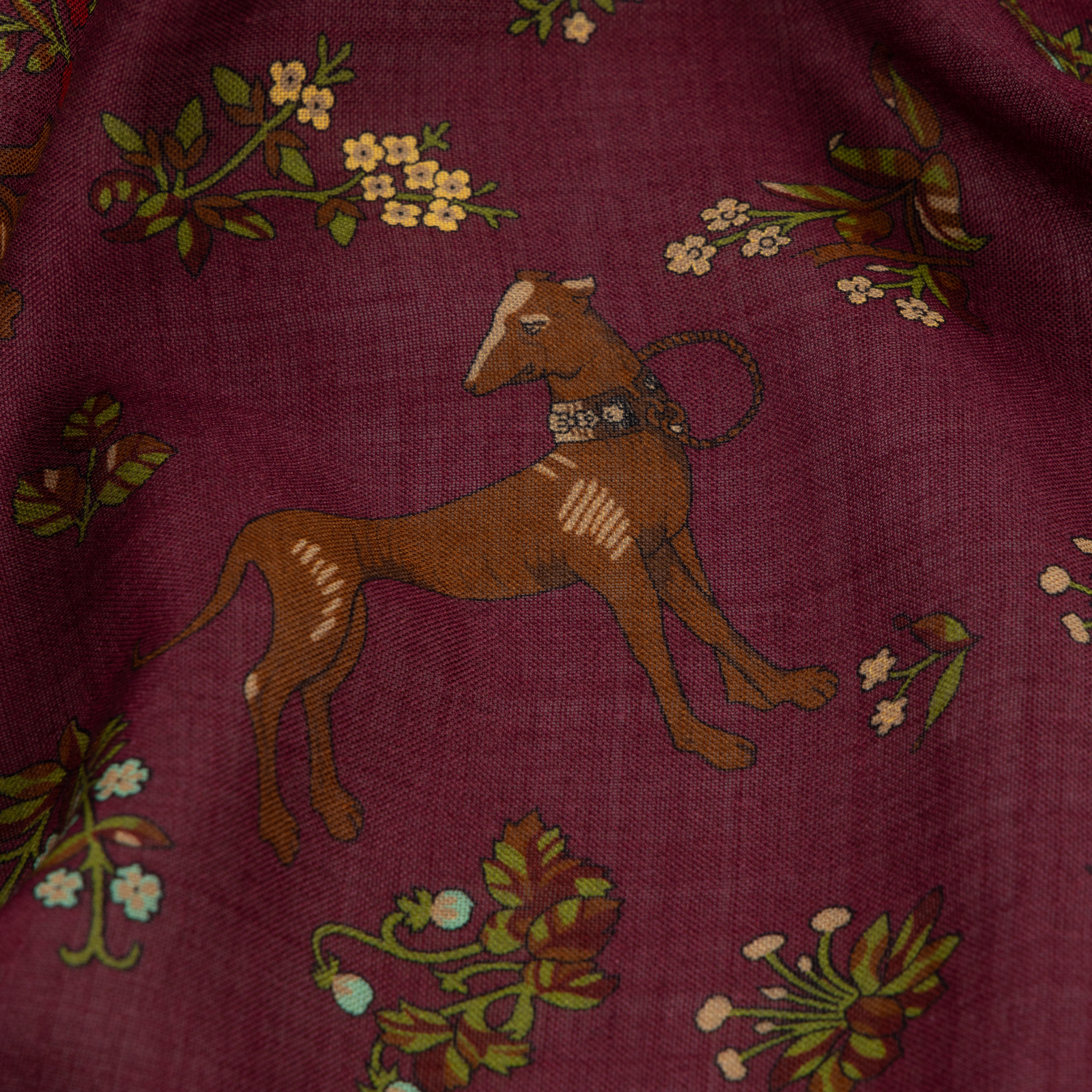 Burgundy and Green Sighthounds Wool-Silk Square Scarf