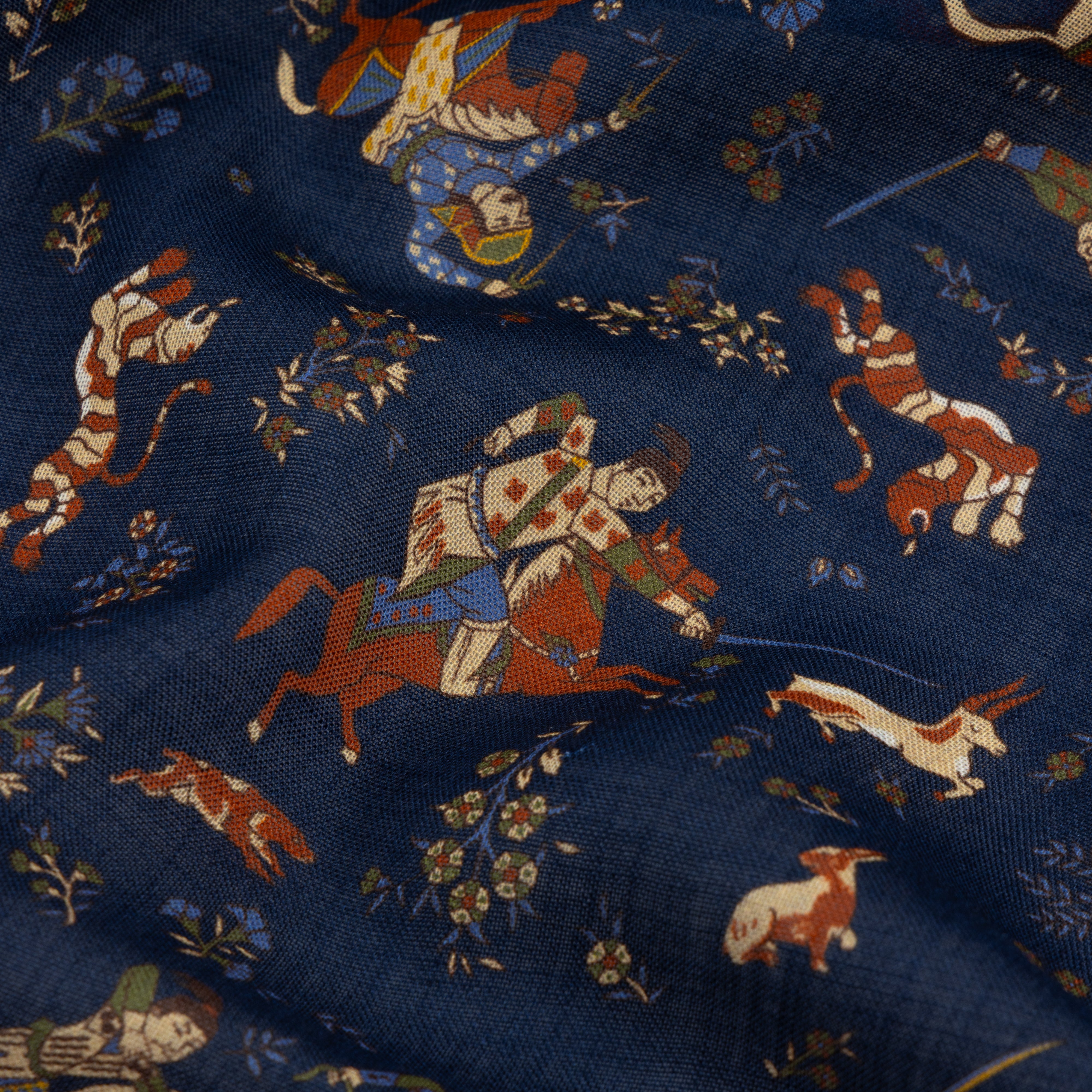 Navy Blue Tumbling Mughals Wool-Silk Square Scarf