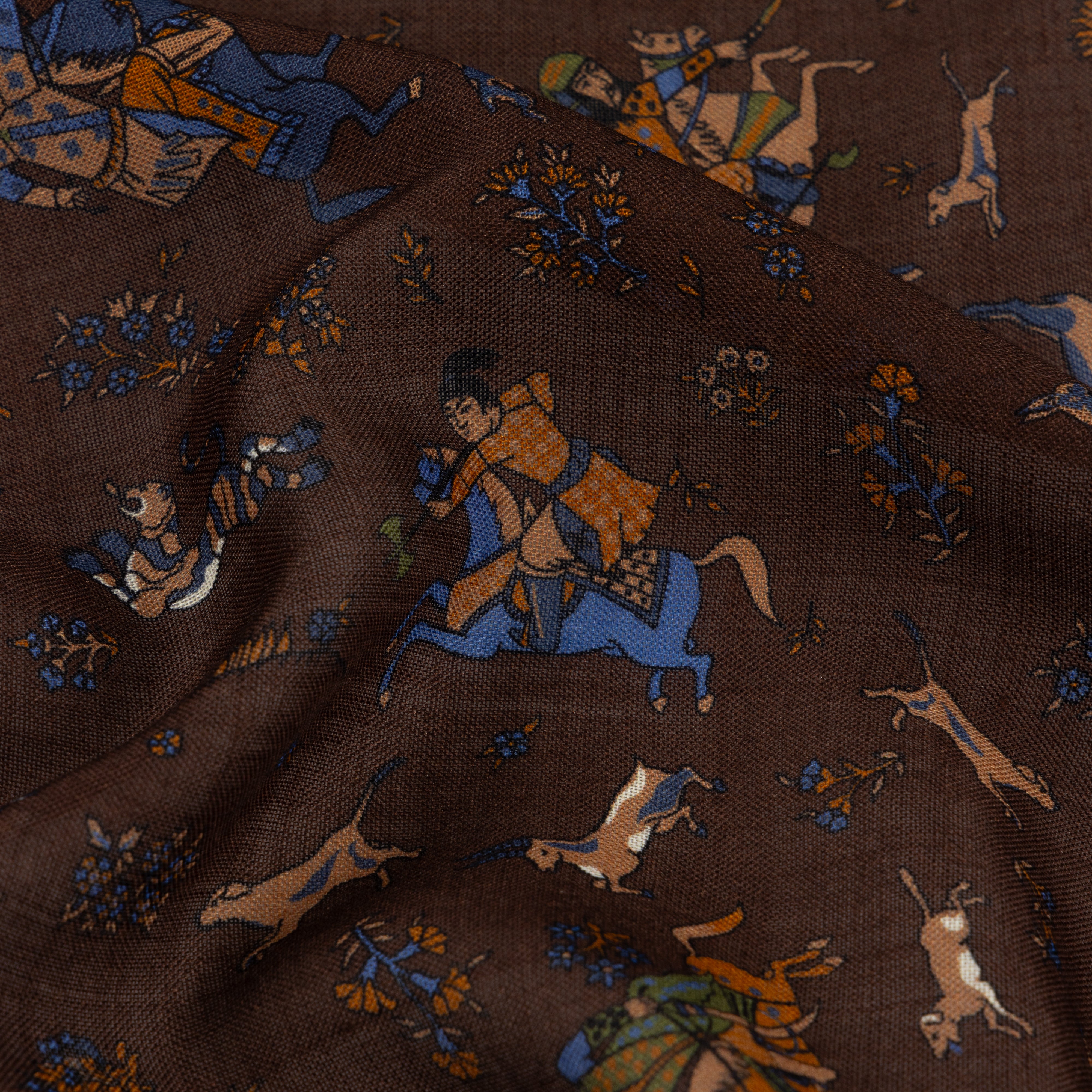 Brown Tumbling Mughals Wool-Silk Square Scarf