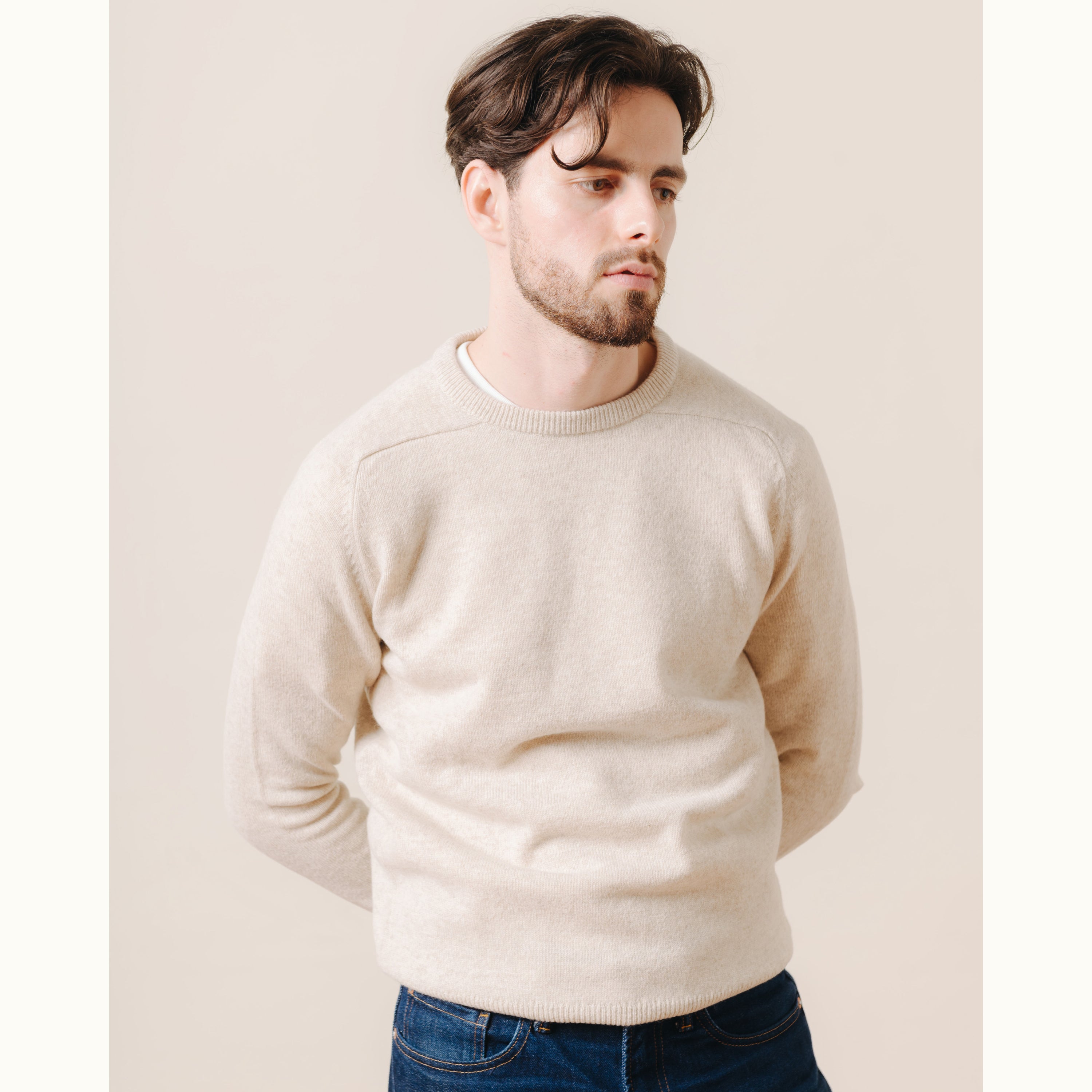 Linen Lambswool Saddle Shoulder Crew Neck