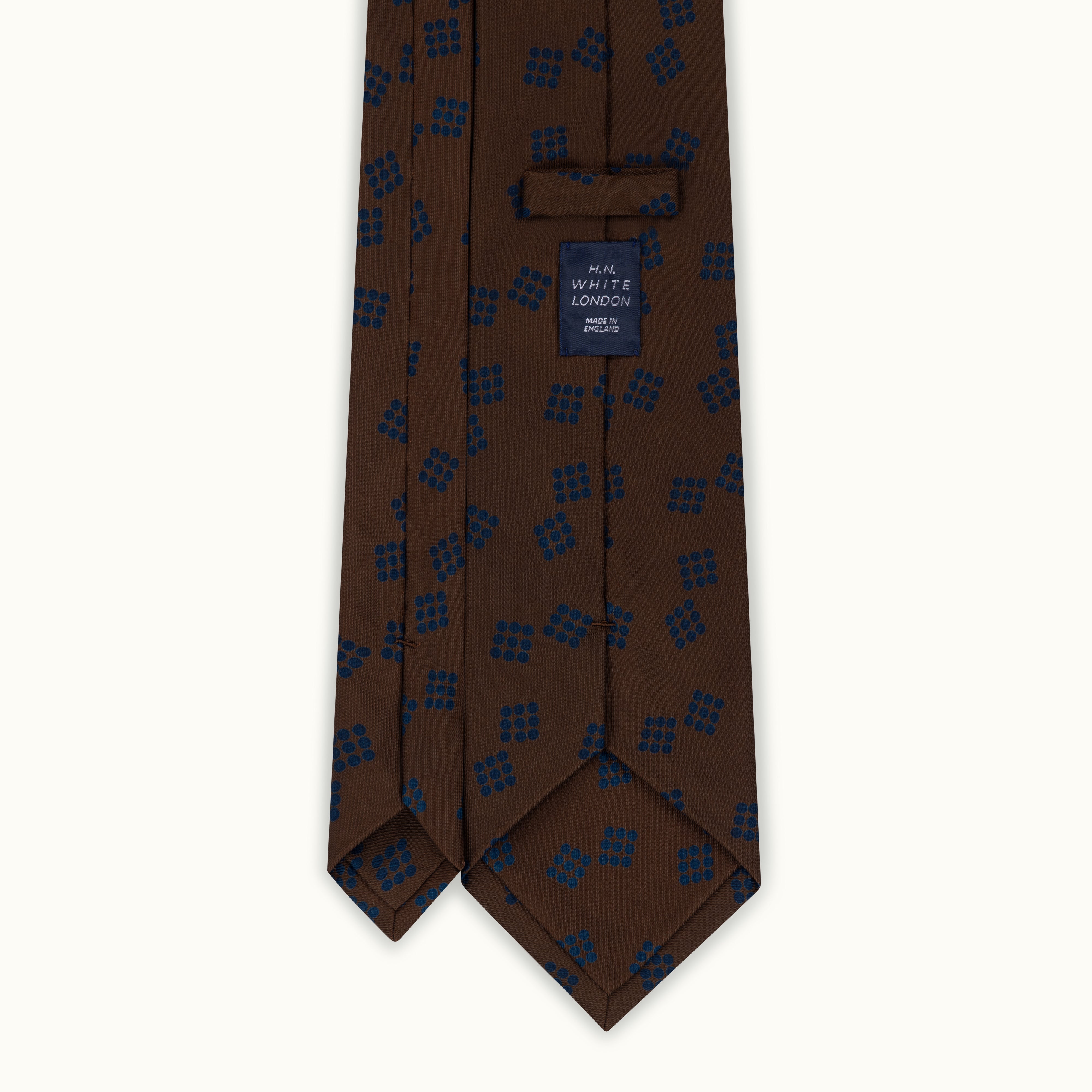Brown & Navy Deco Spot Printed Silk Tie