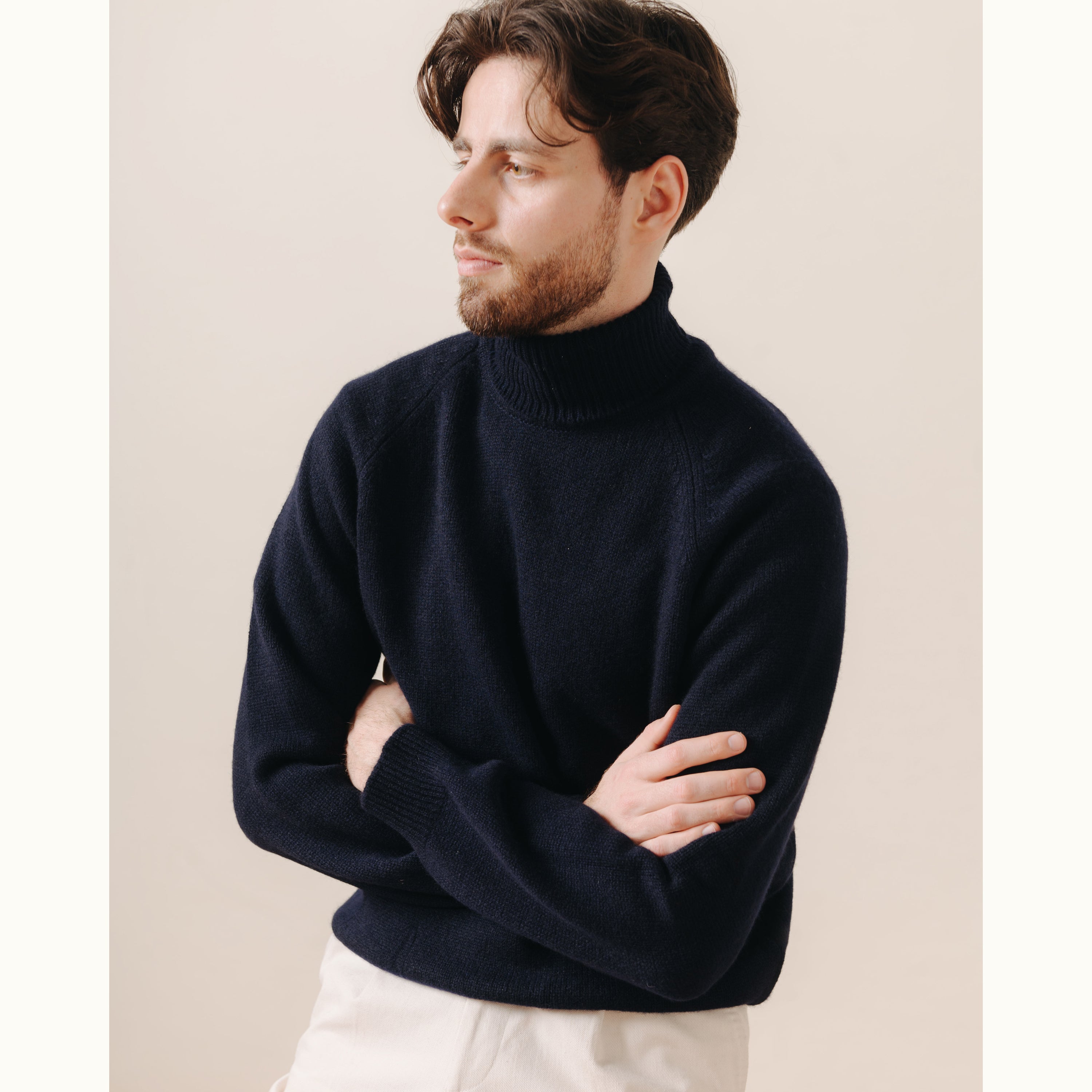 Navy Raglan Cashmere Roll Neck