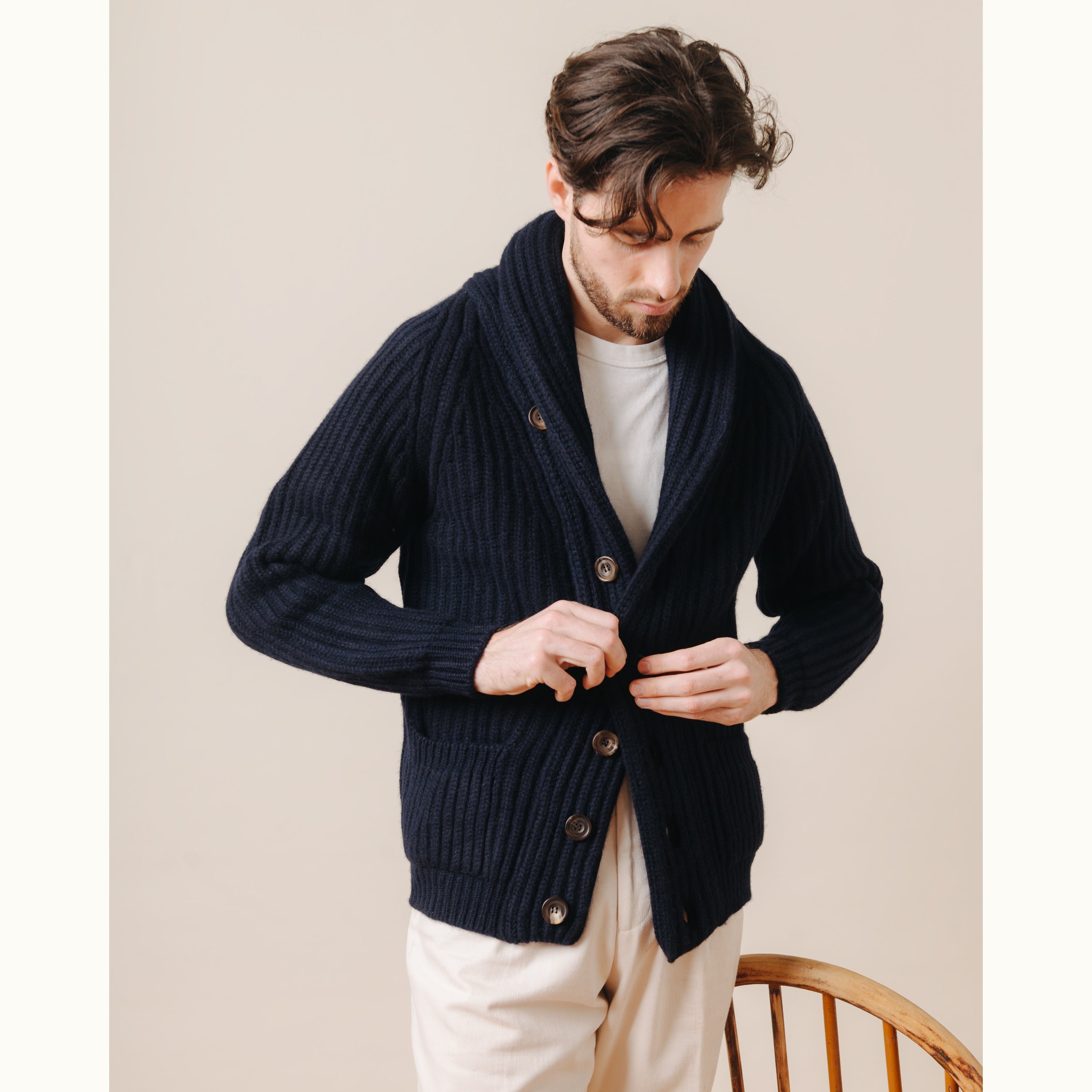 Navy Blue Cashmere Shawl Collar Cardigan