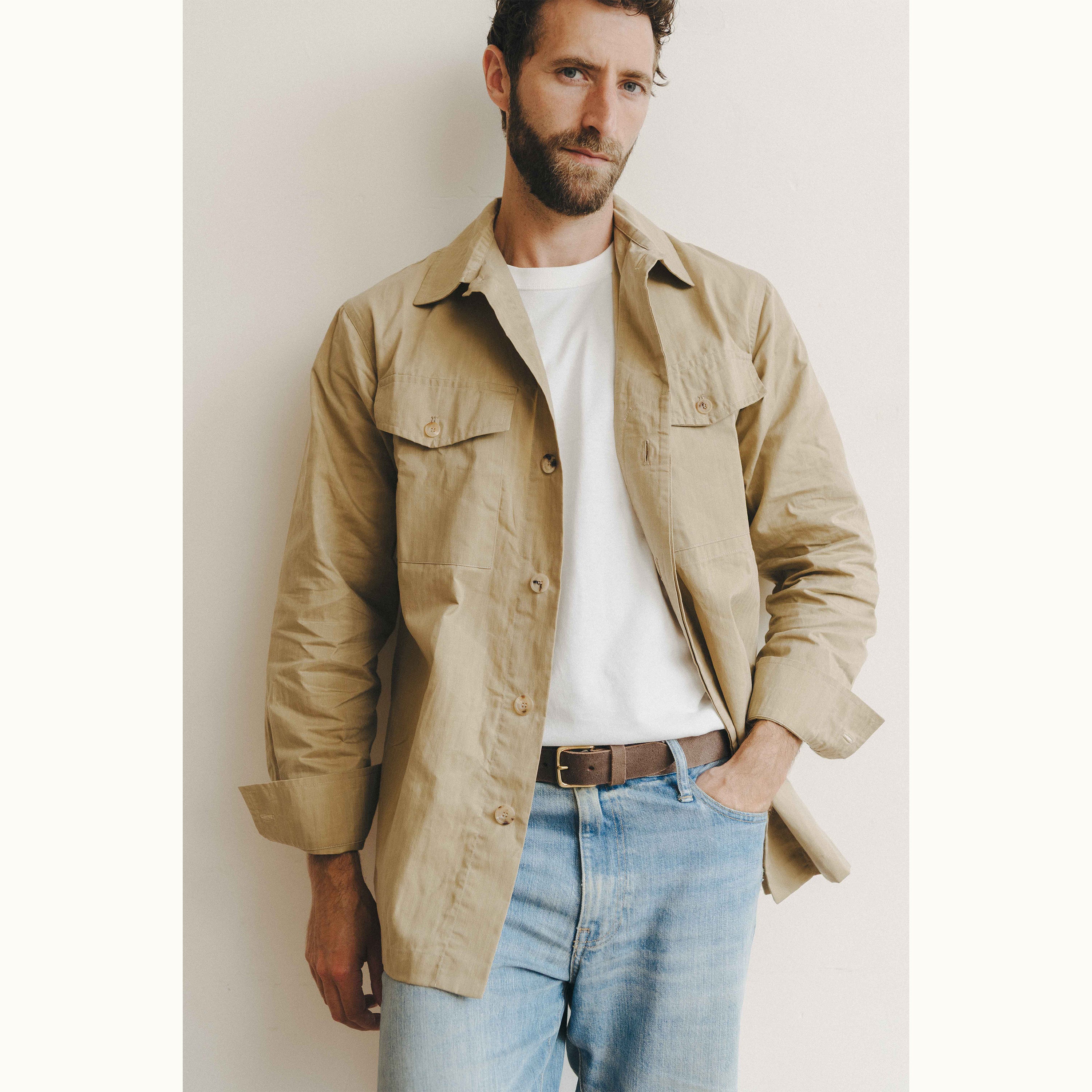 Beige Herringbone Cotton Field Shirt