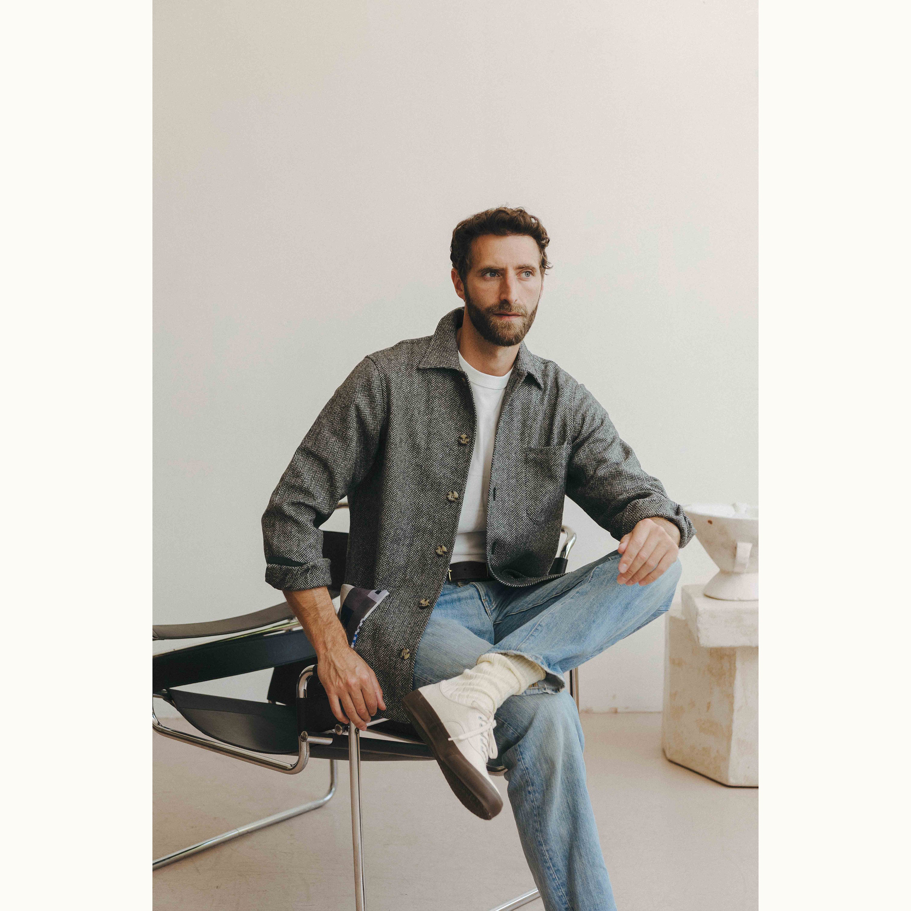 Grey Herringbone Shetland Tweed Chore Jacket