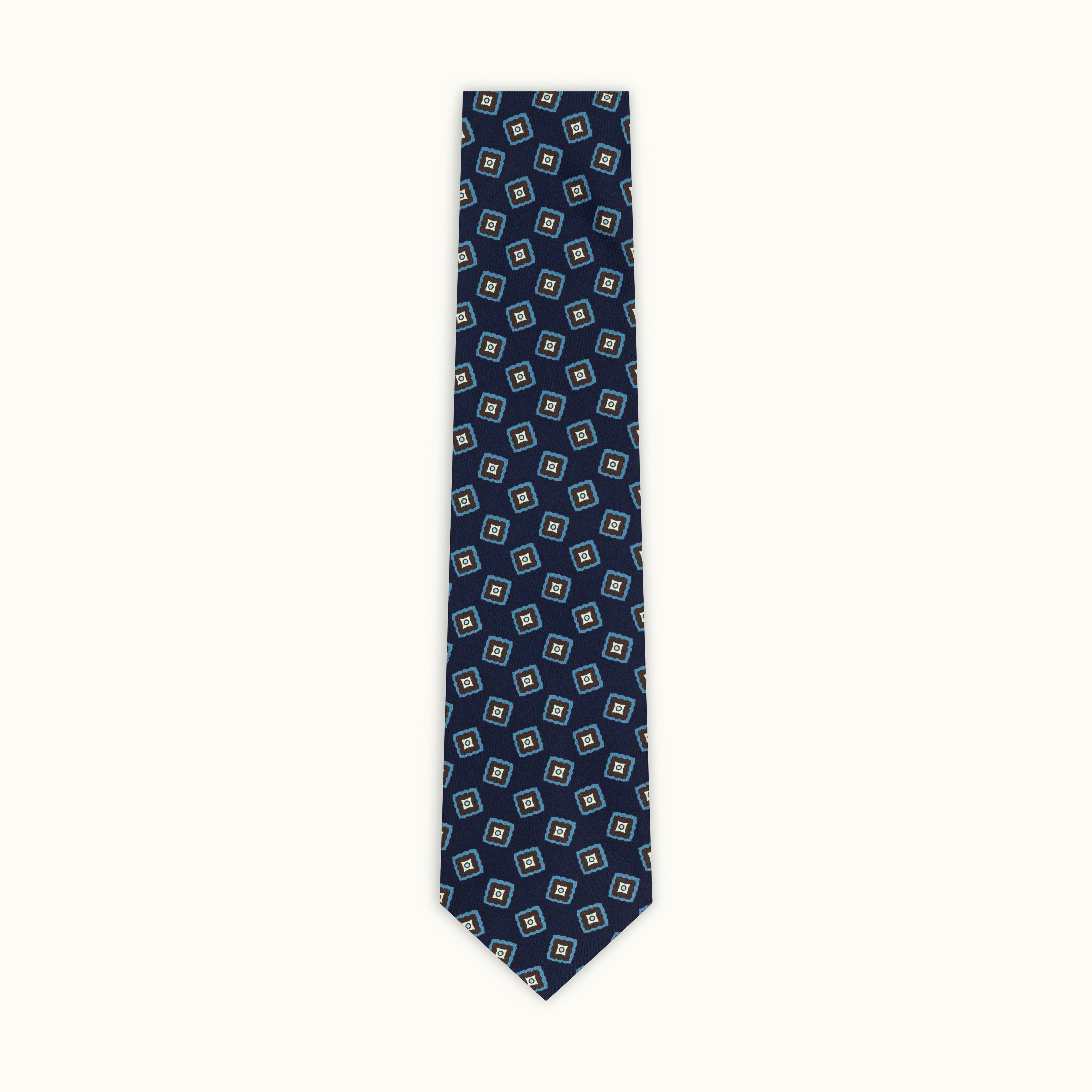 Navy, Indigo & Brown Madder Tumbling Squares Silk Tie