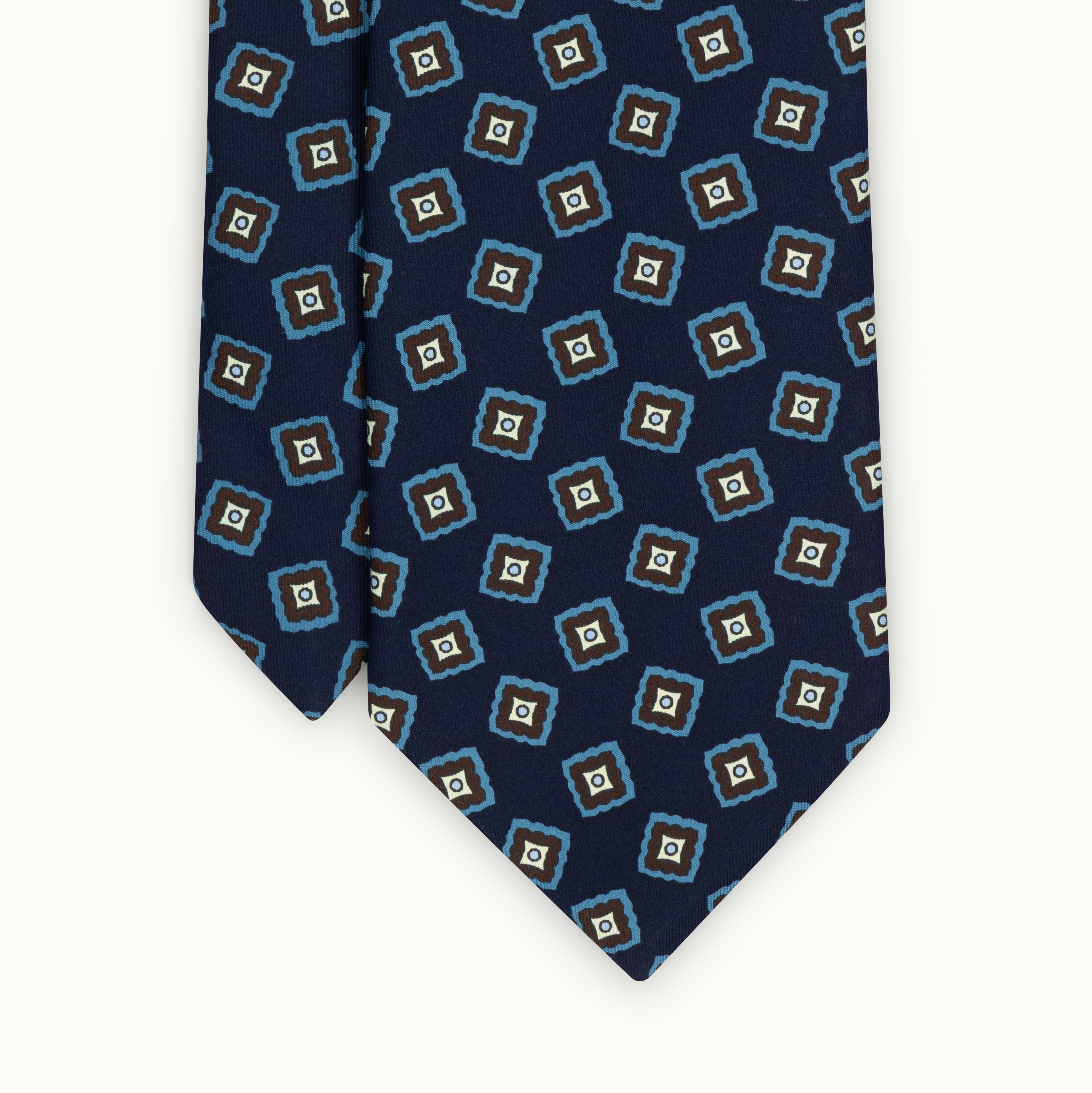 Navy, Indigo & Brown Madder Tumbling Squares Silk Tie