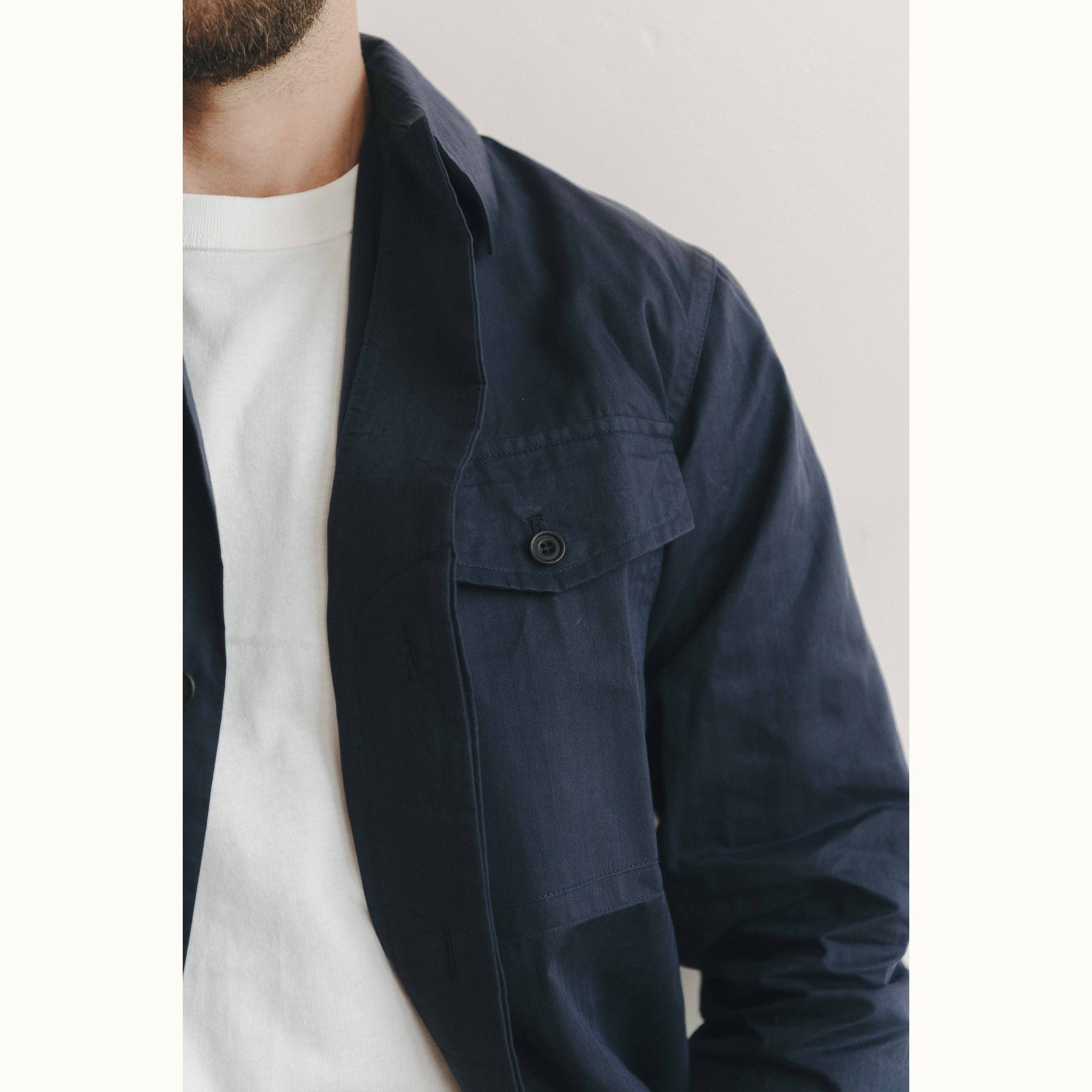 Navy Blue Herringbone Cotton Field Shirt