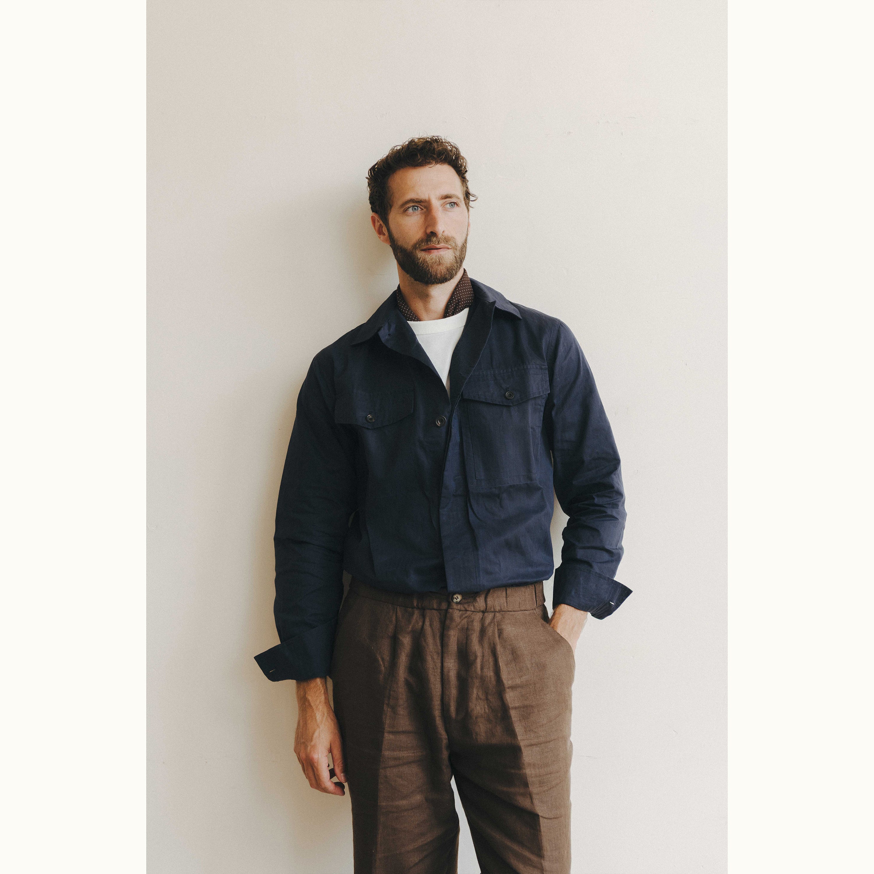Navy Blue Herringbone Cotton Field Shirt