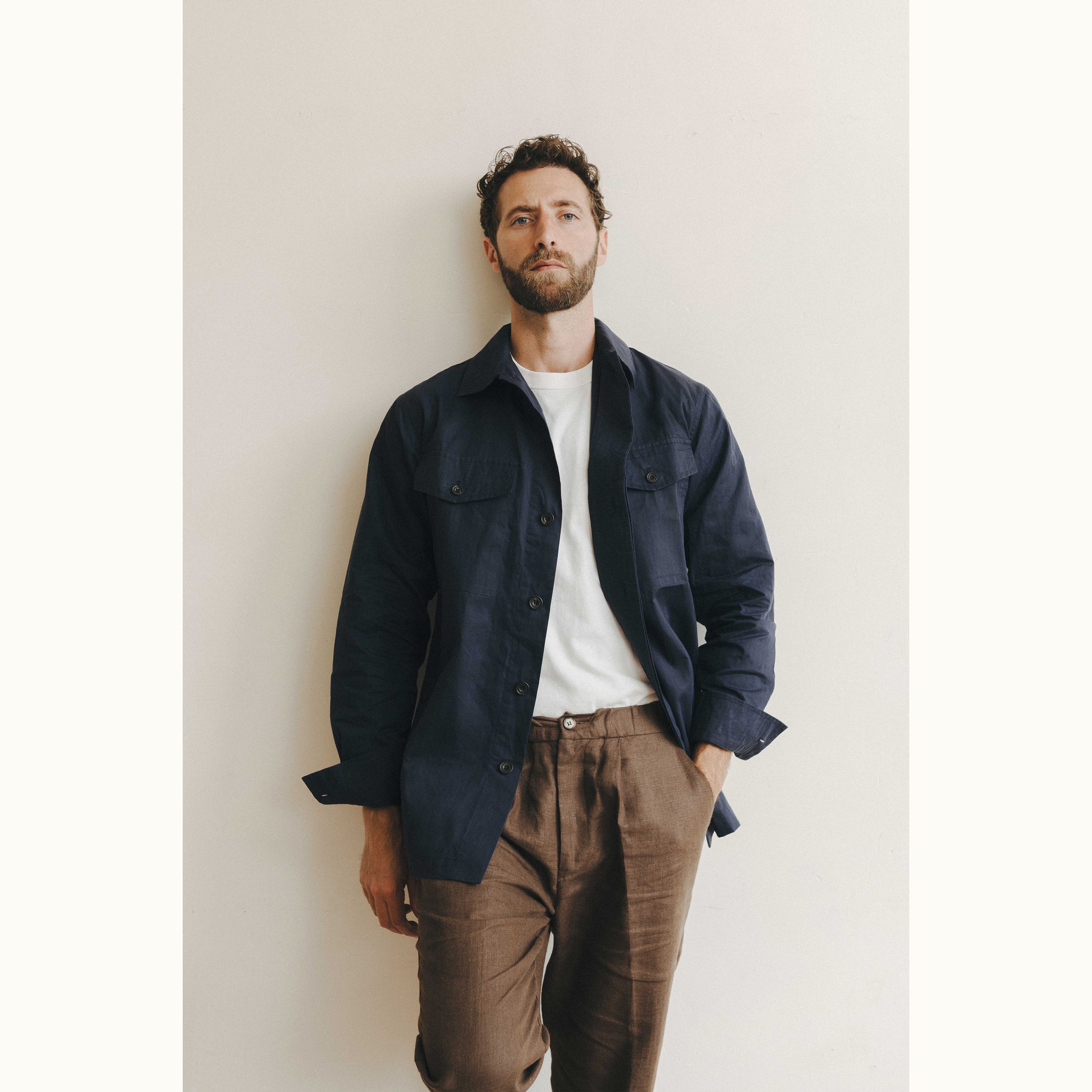 Navy Blue Herringbone Cotton Field Shirt