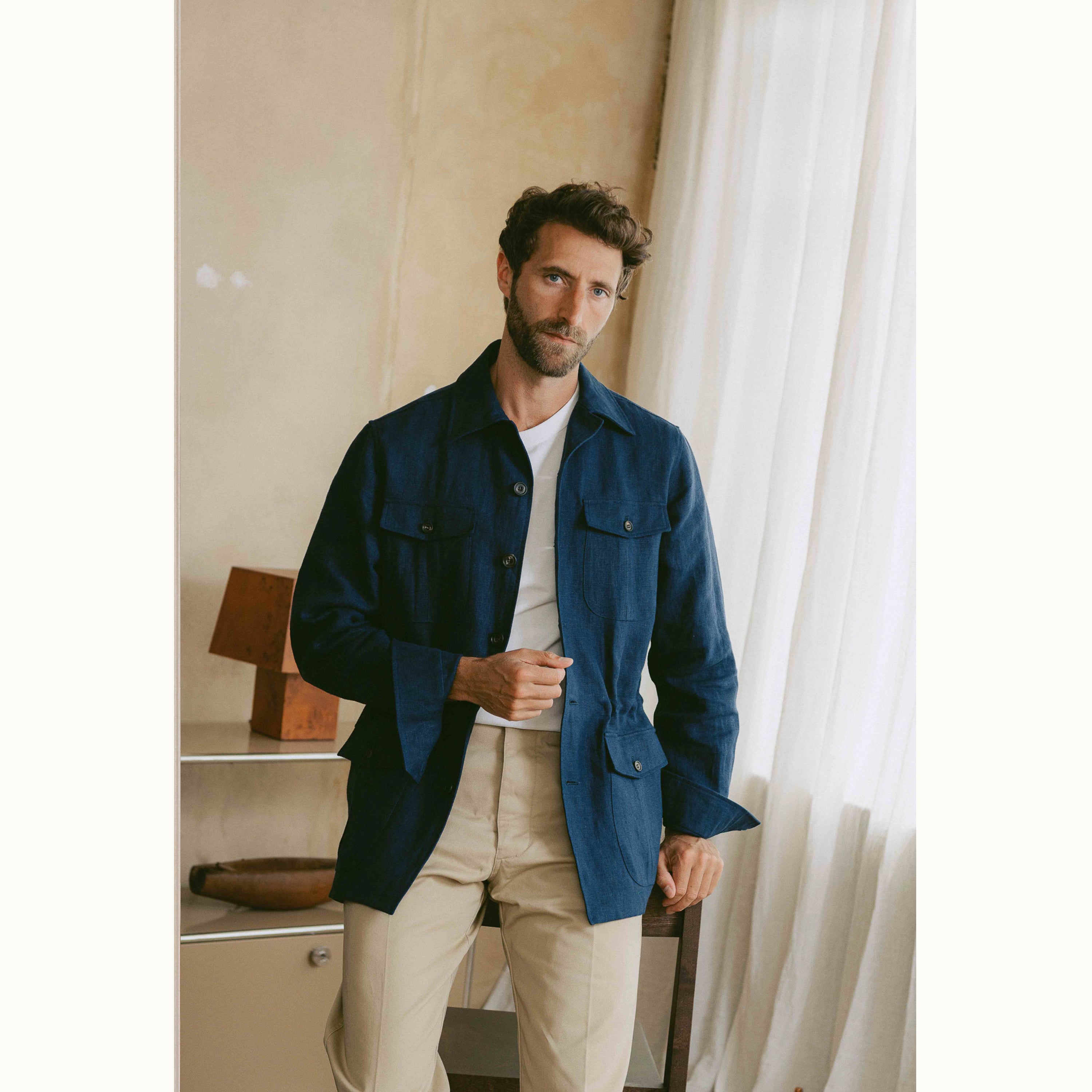 Navy Blue Washed Linen Safari Jacket