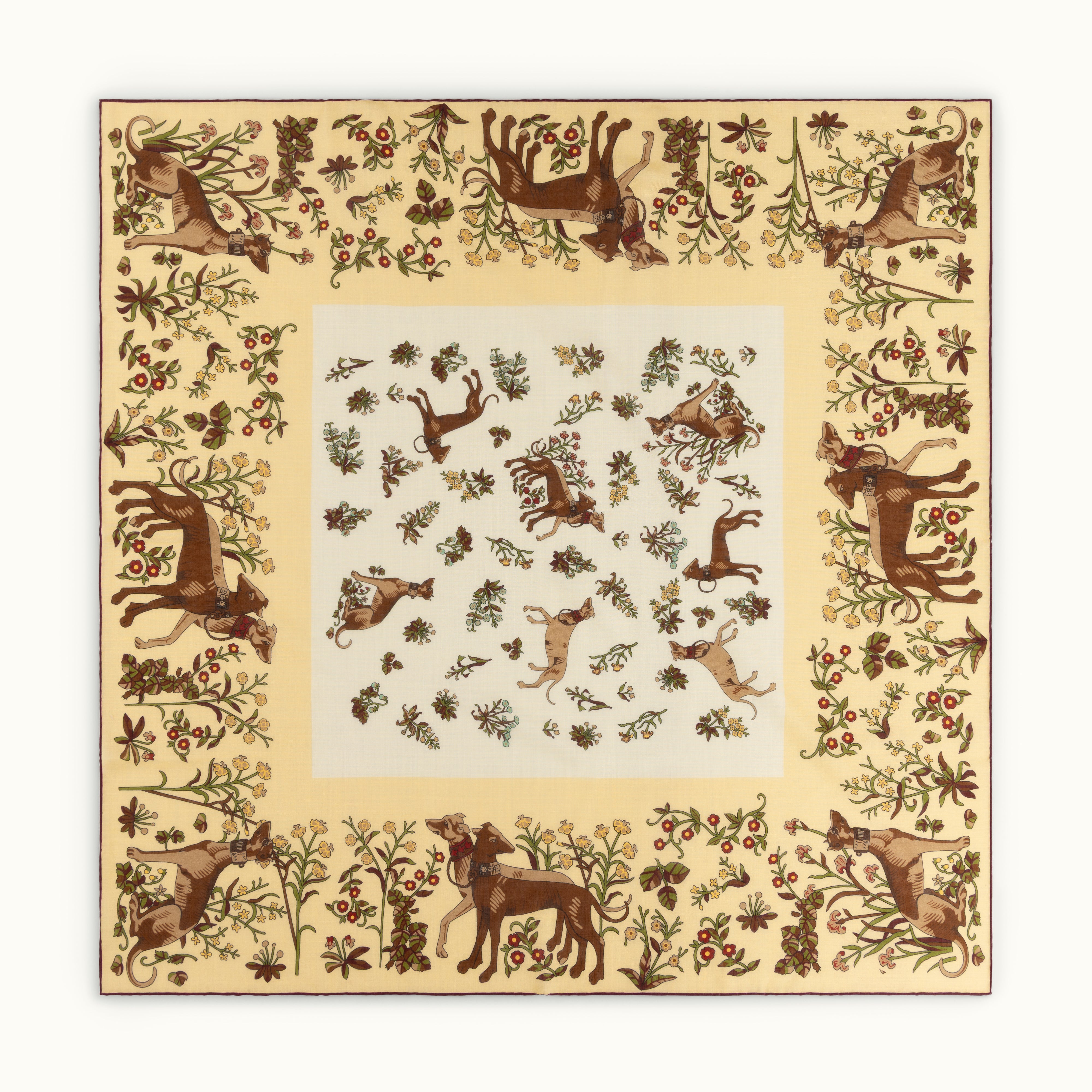Ecru and Burgundy Sighthounds Wool-Silk Square Scarf