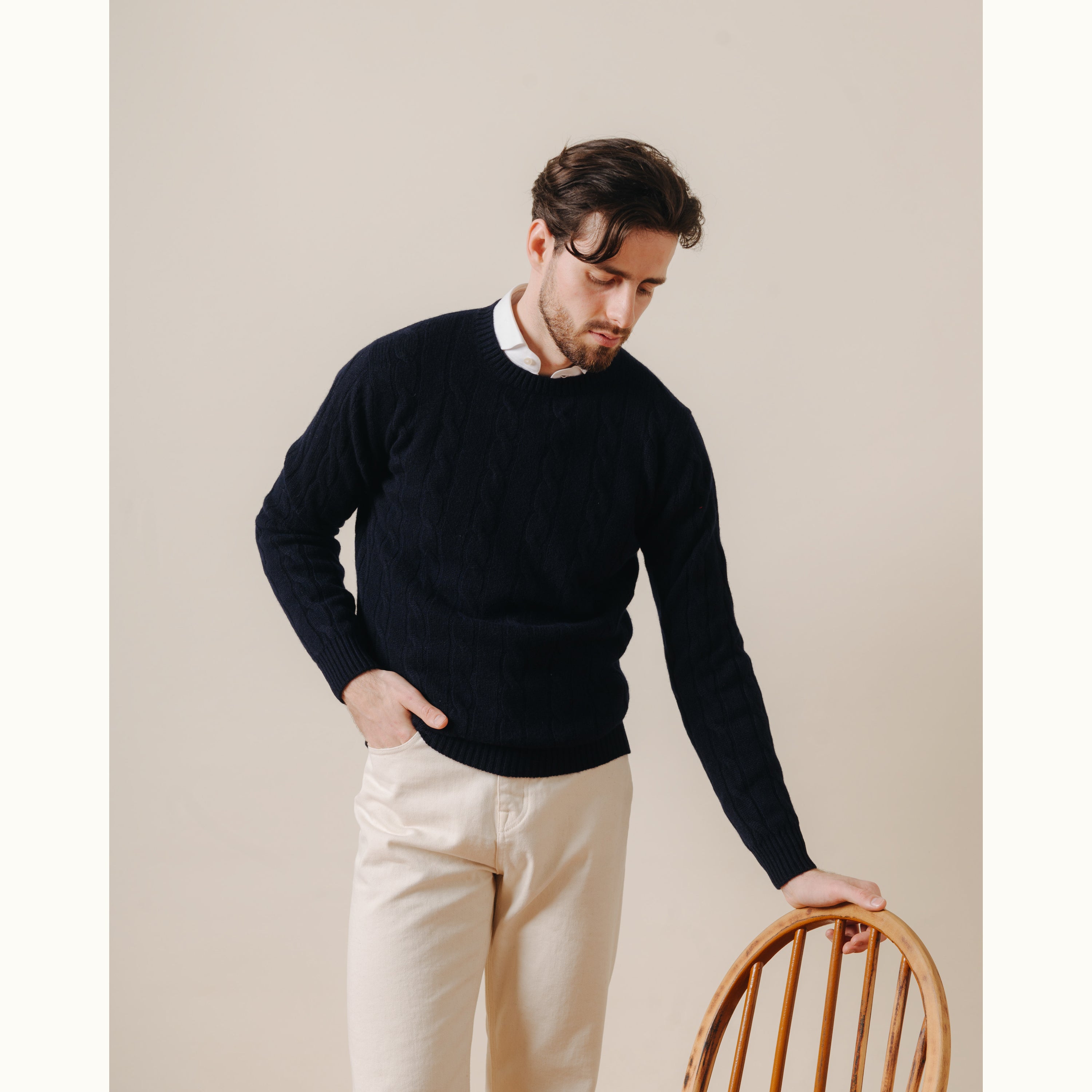 Navy Blue Cable Knit Cashmere Jumper