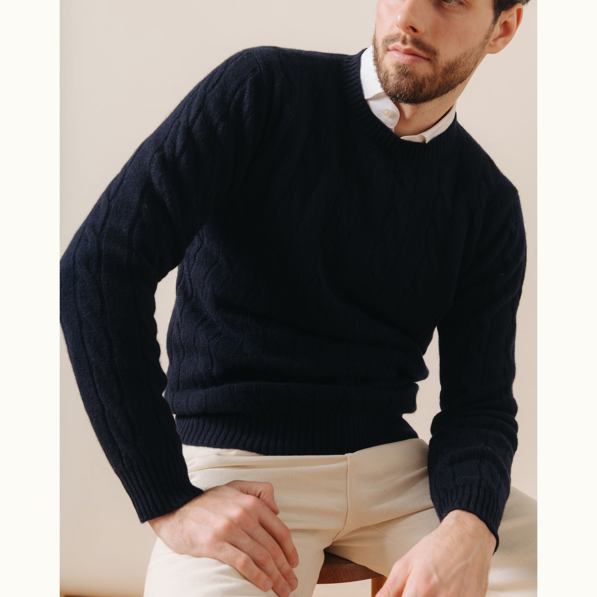Navy Blue Cable Knit Cashmere Jumper