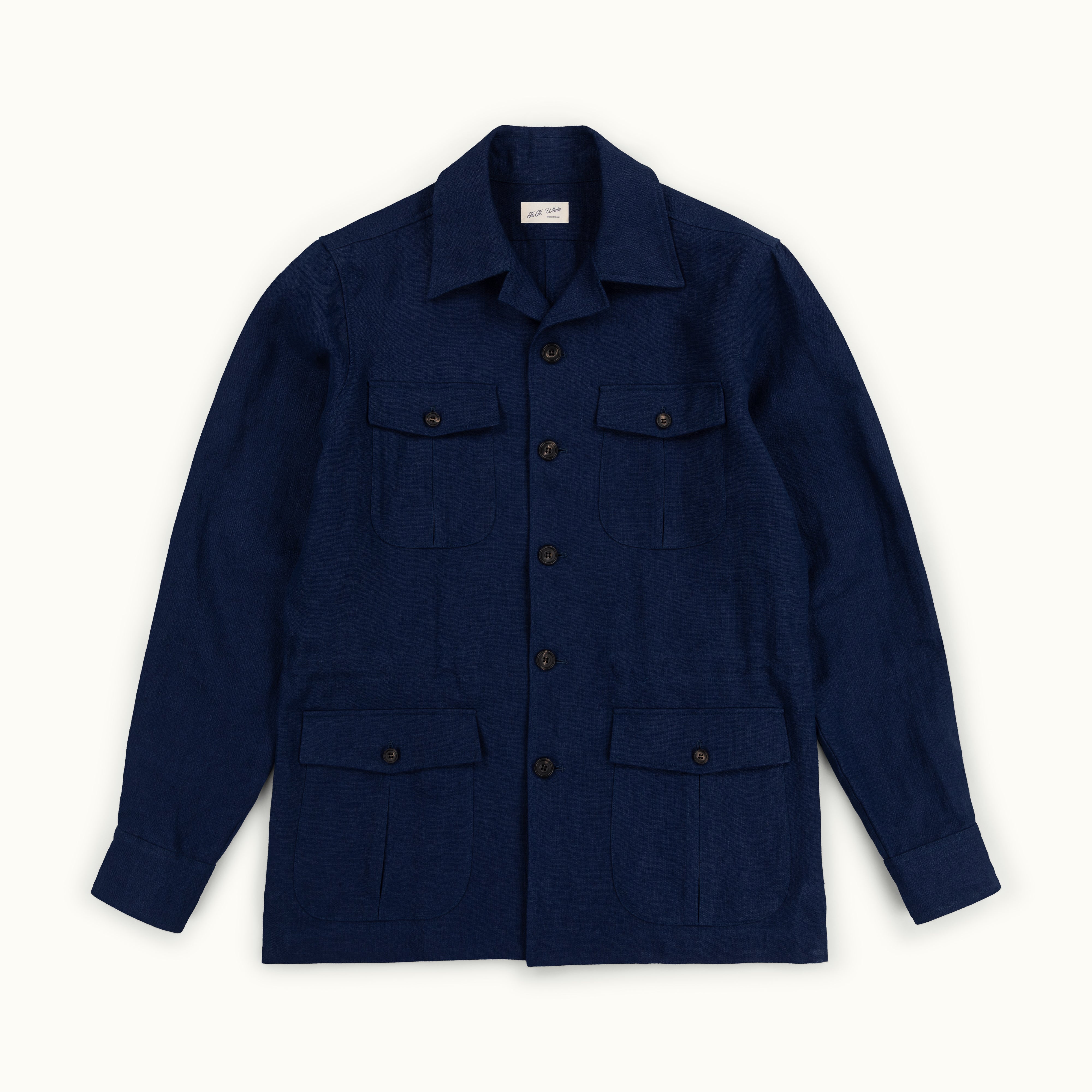 Navy Blue Washed Linen Safari Jacket