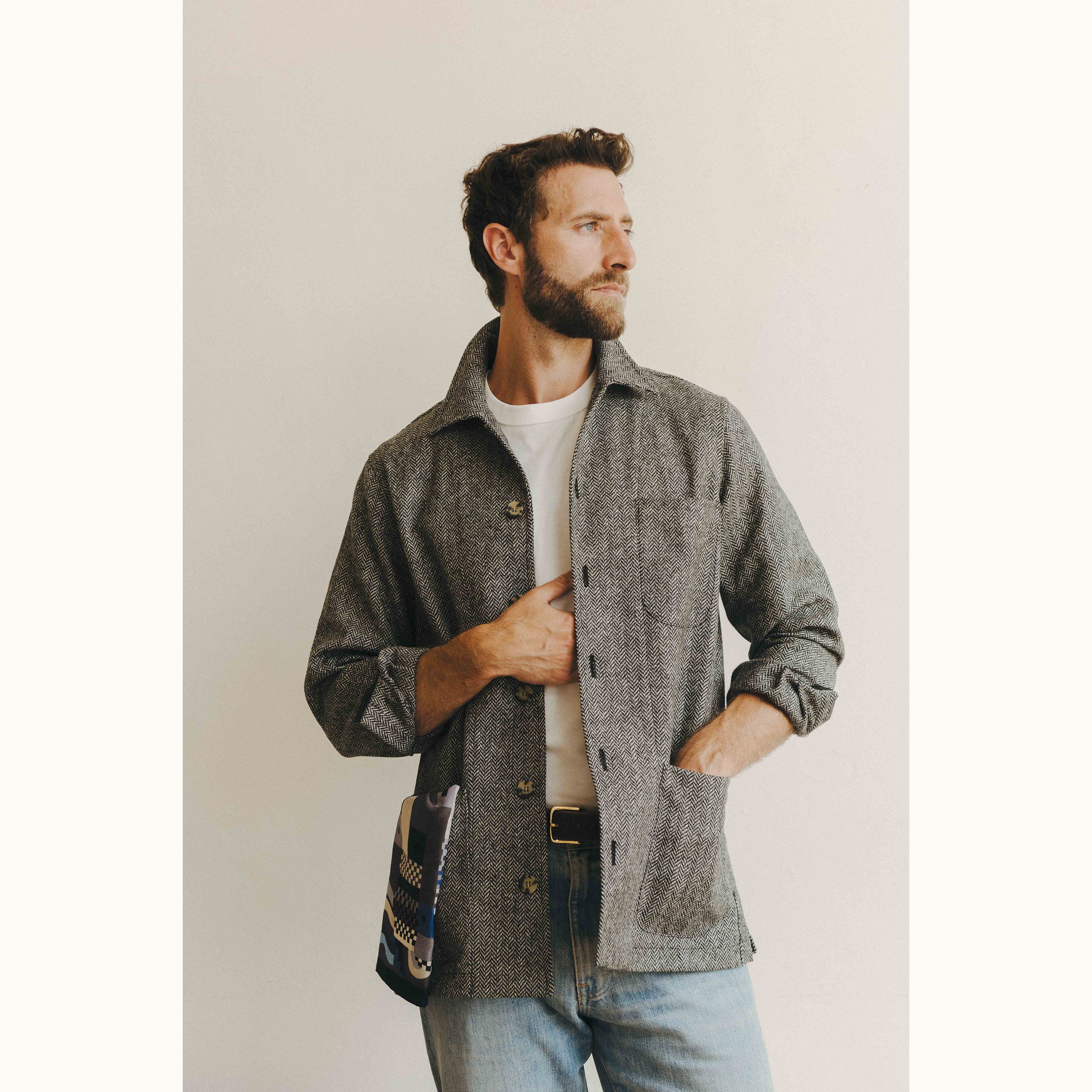 Grey Herringbone Shetland Tweed Chore Jacket