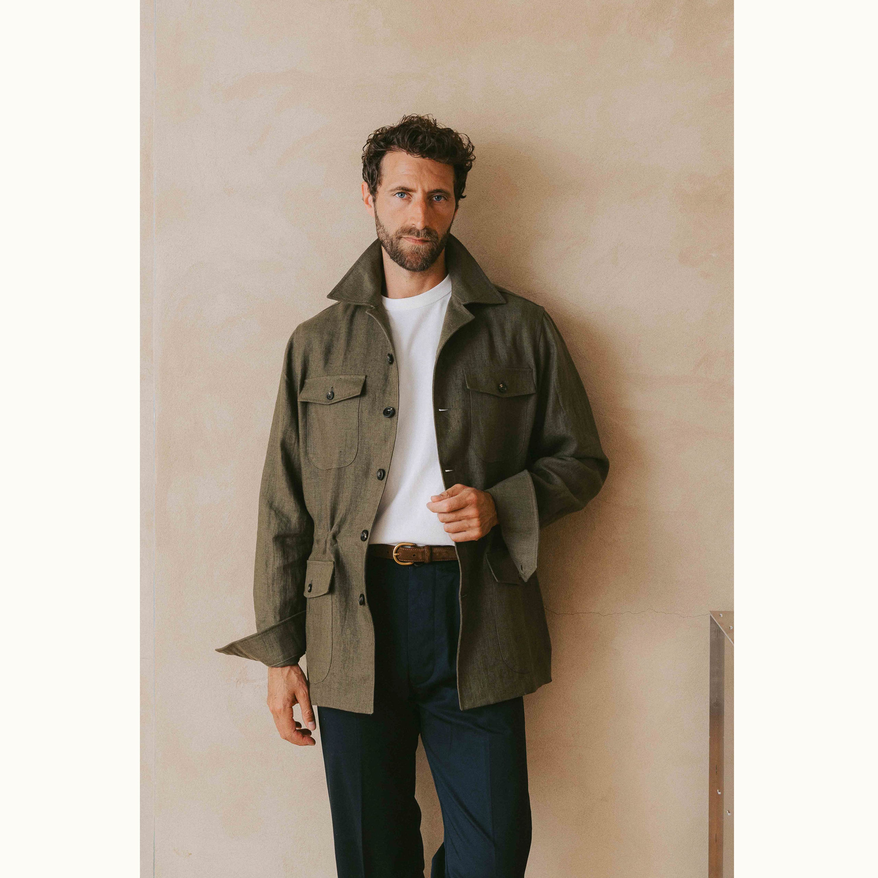Olive Washed Linen Safari Jacket