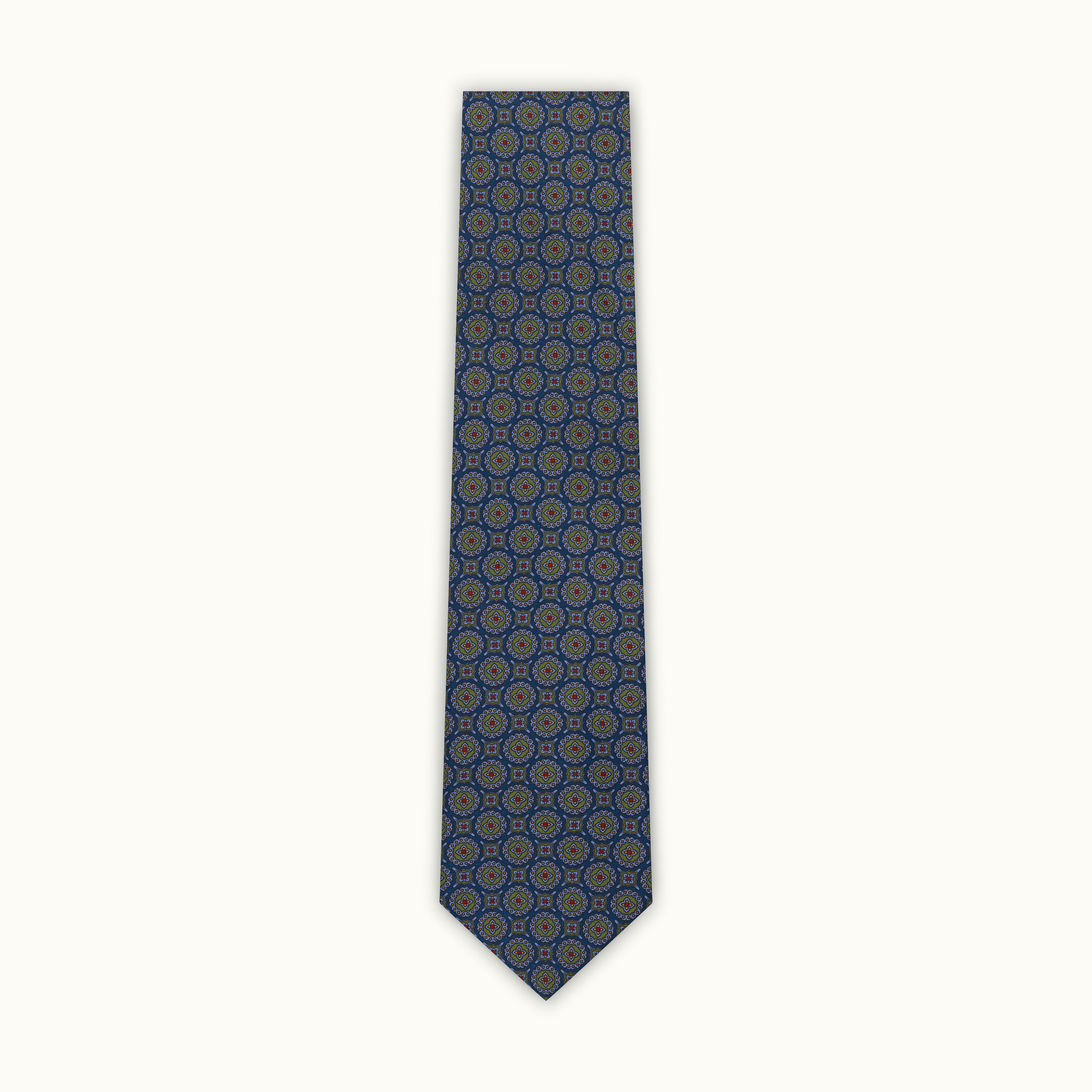 Navy & Green Mini Medallion Madder Silk Tie