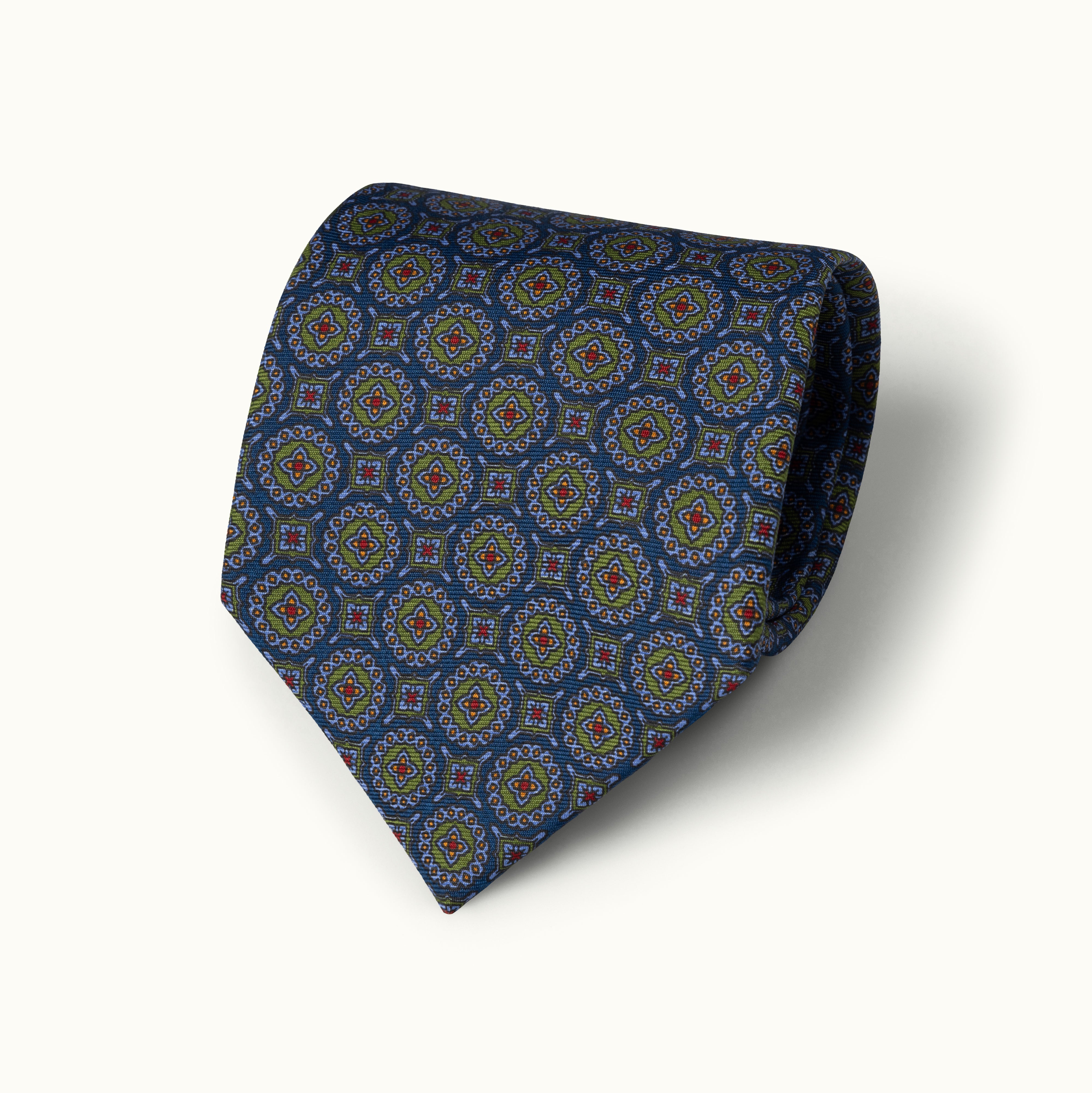 Navy & Green Mini Medallion Madder Silk Tie