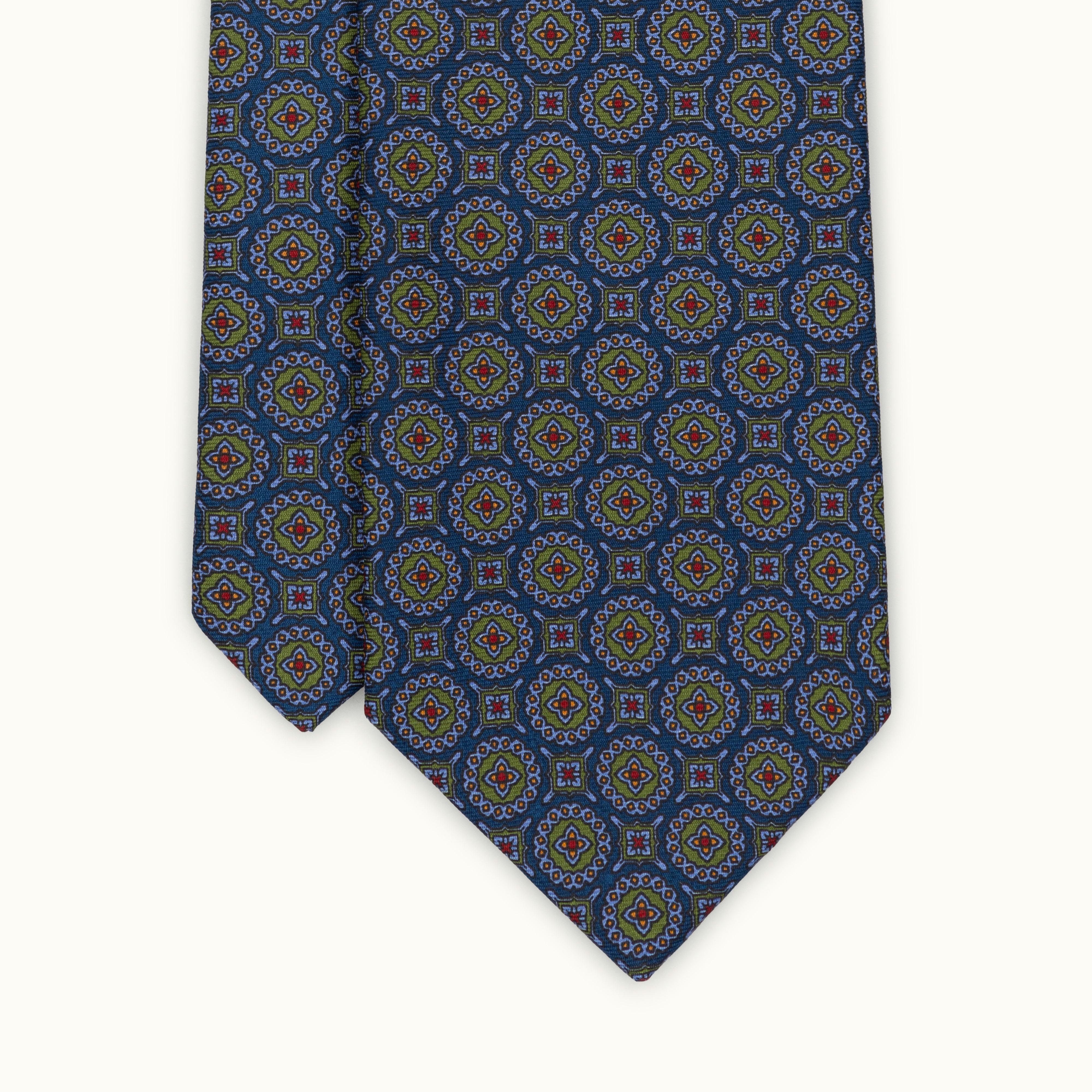 Navy & Green Mini Medallion Madder Silk Tie