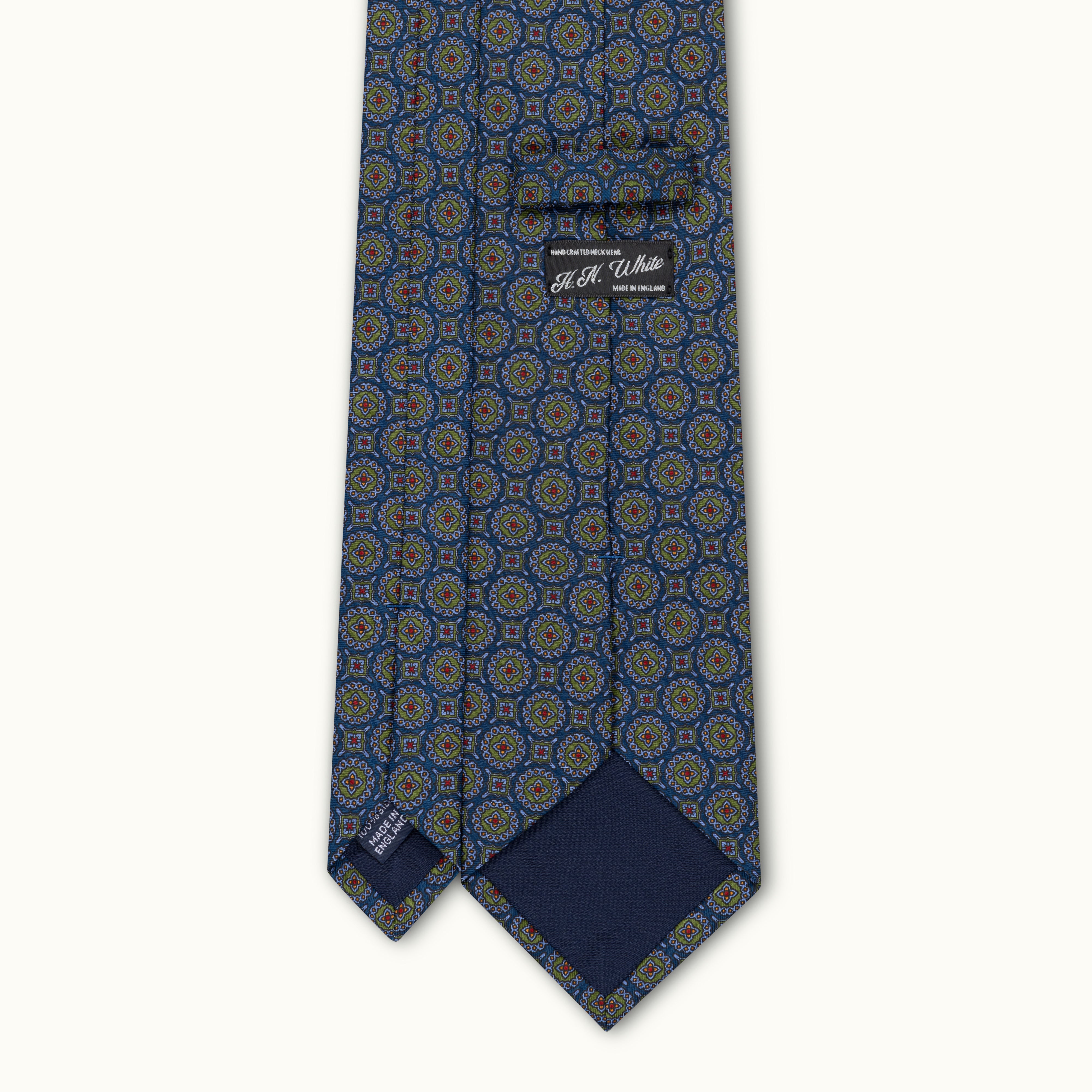 Navy & Green Mini Medallion Madder Silk Tie