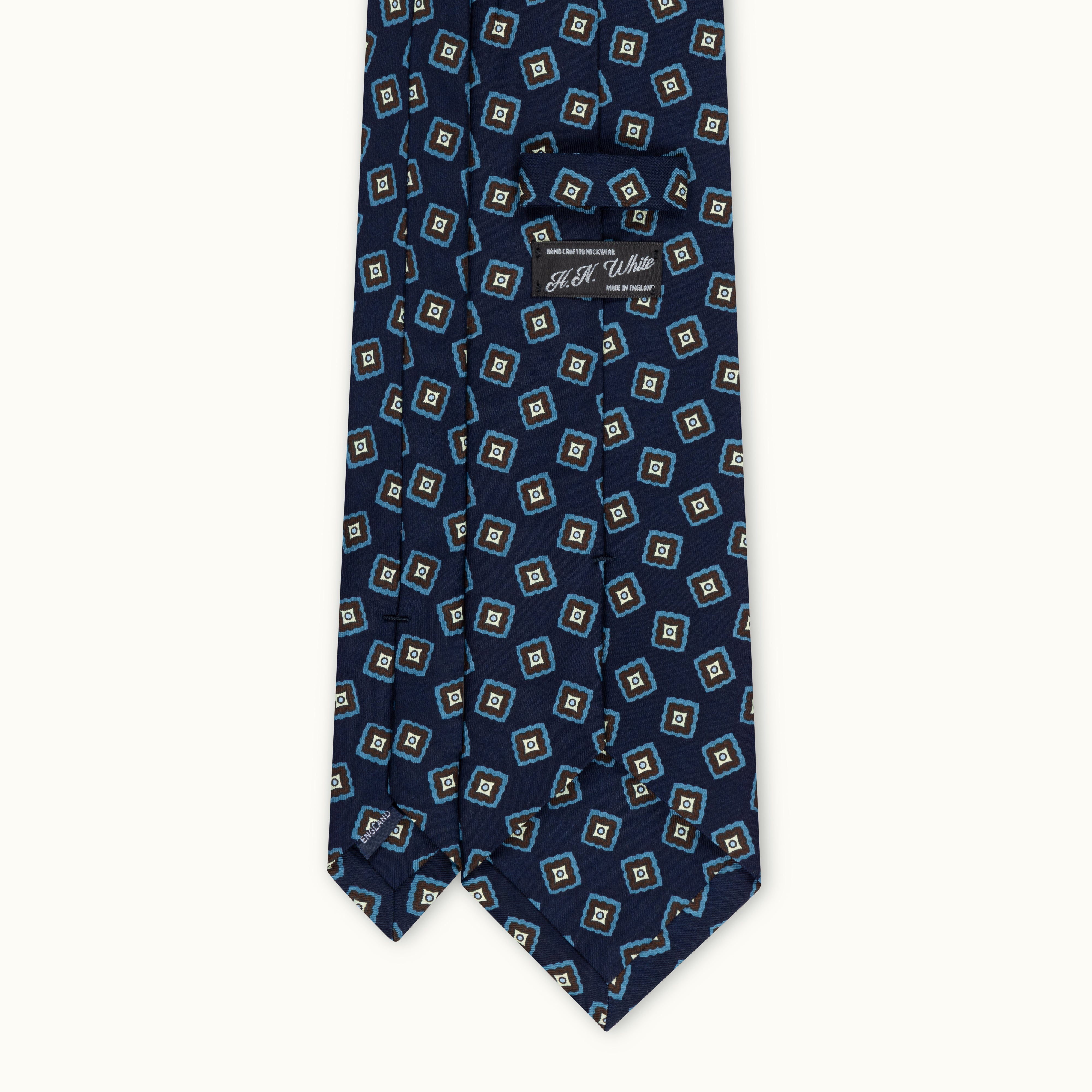 Navy, Indigo & Brown Madder Tumbling Squares Silk Tie