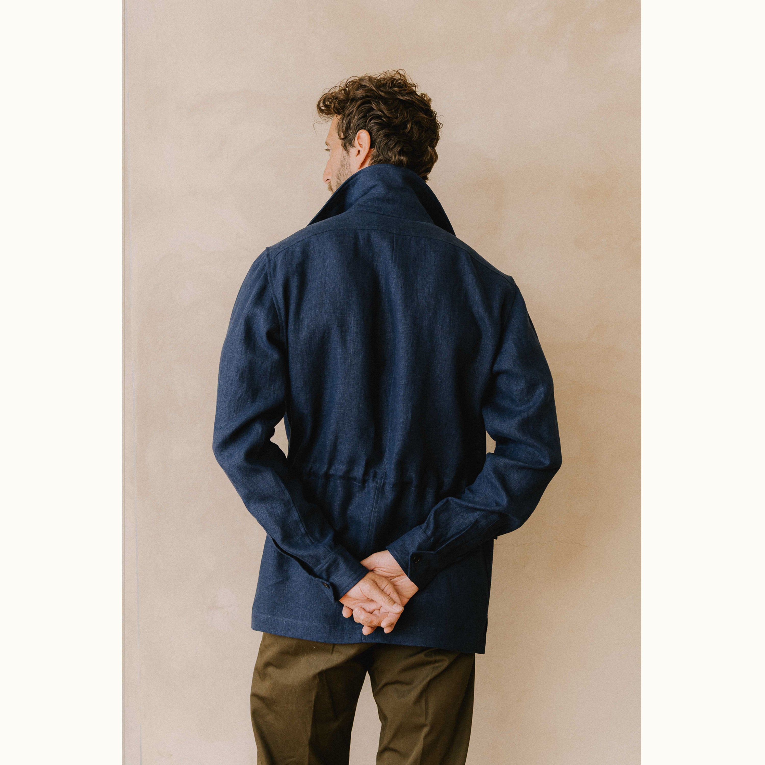 Navy Blue Washed Linen Safari Jacket