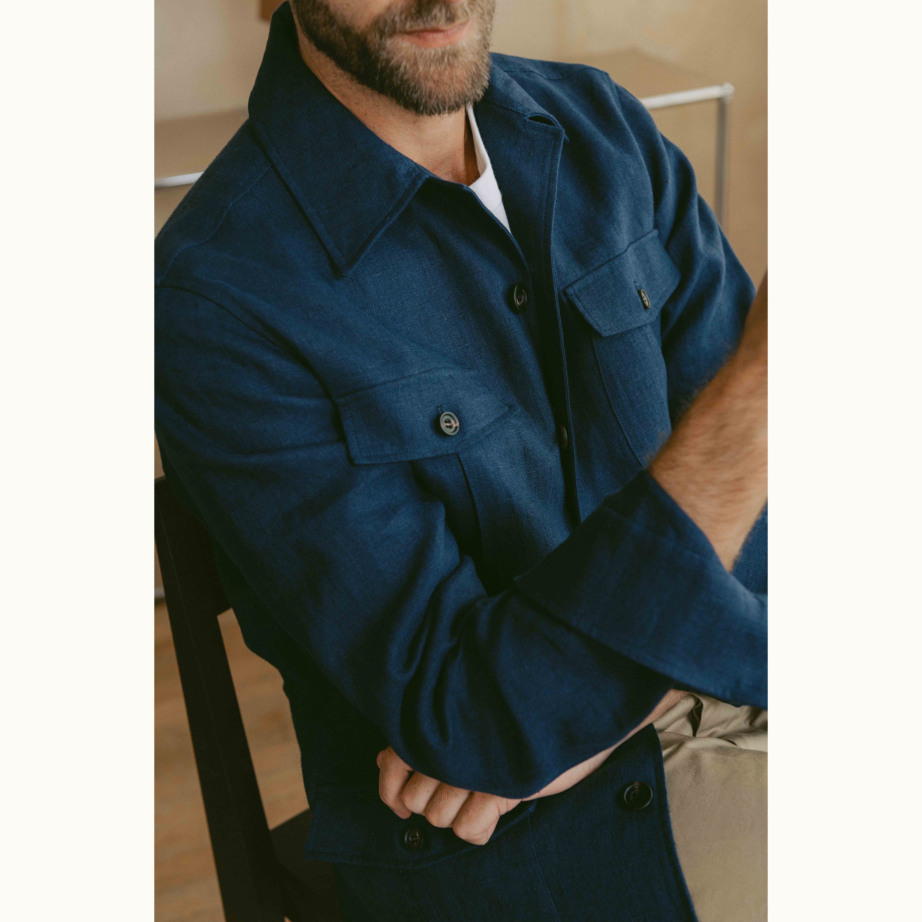 Navy Blue Washed Linen Safari Jacket