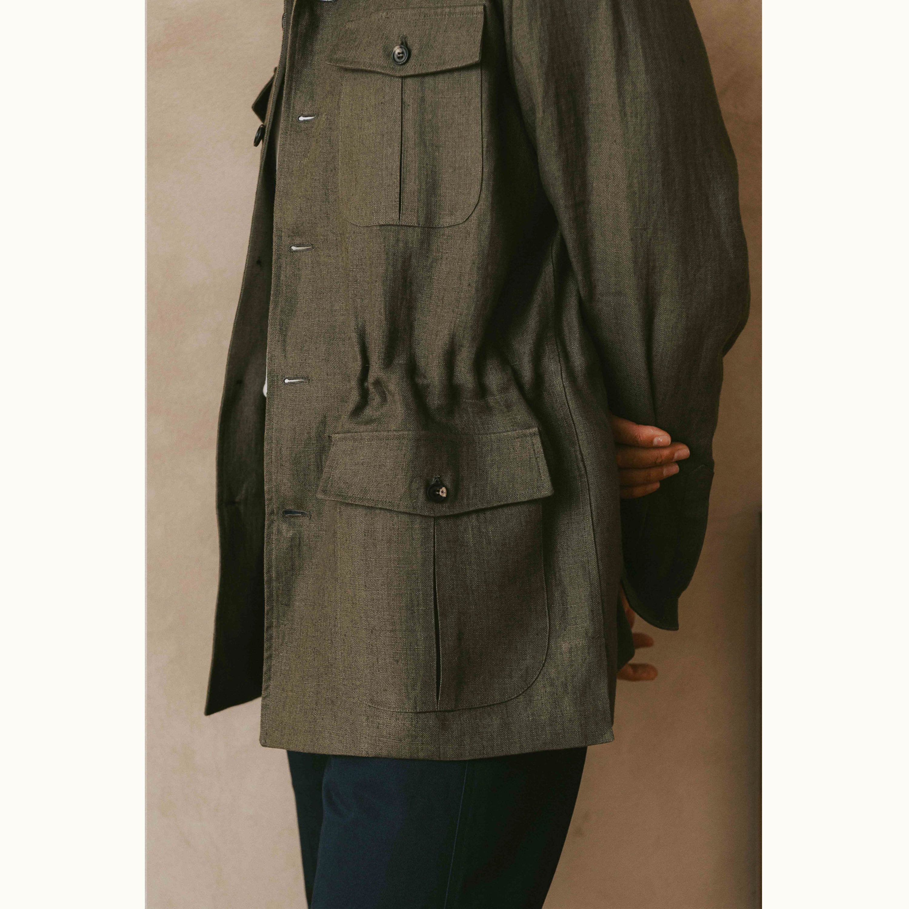 Olive Washed Linen Safari Jacket