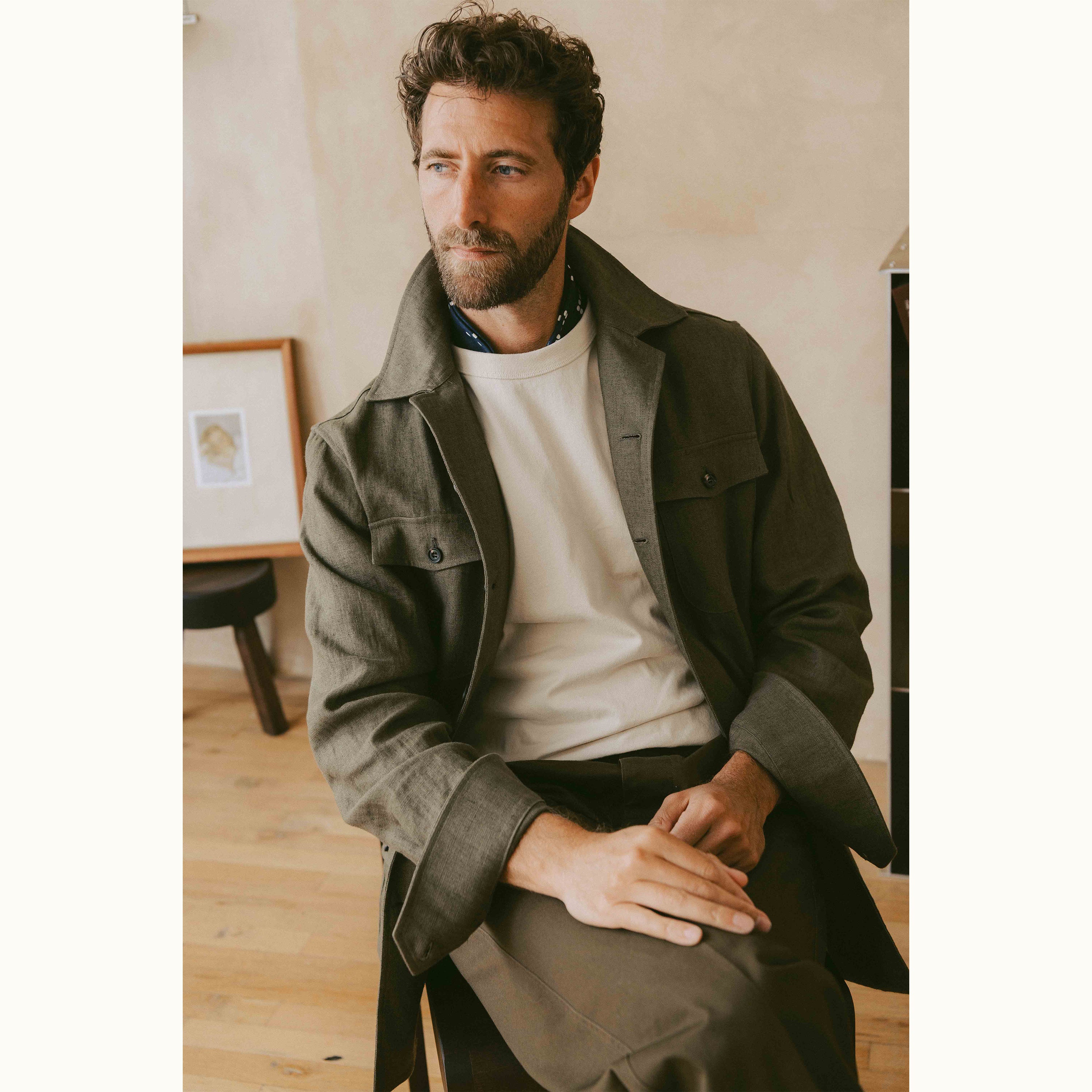 Olive Washed Linen Safari Jacket