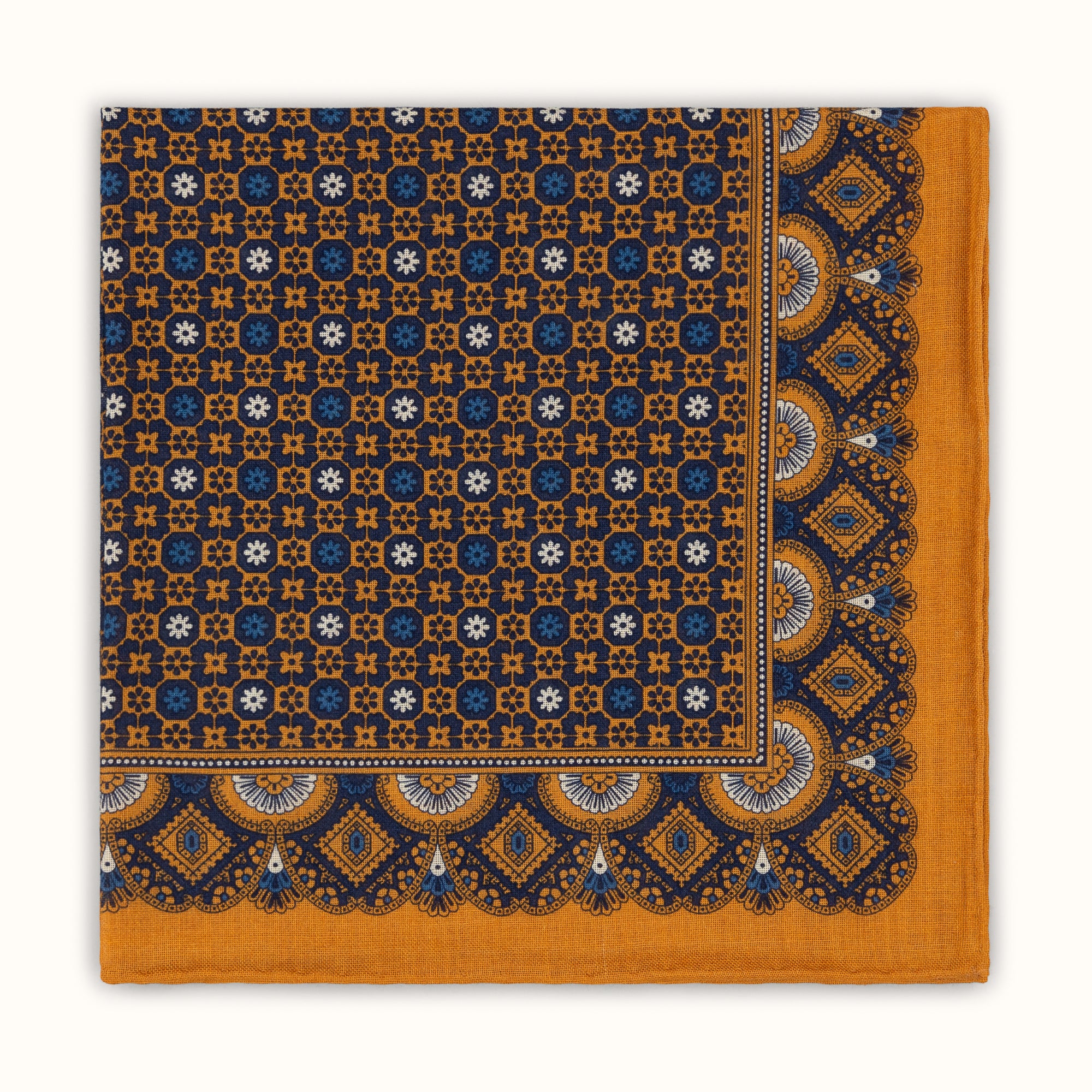 Ochre & Blue Geometric Flowers Pocket Square