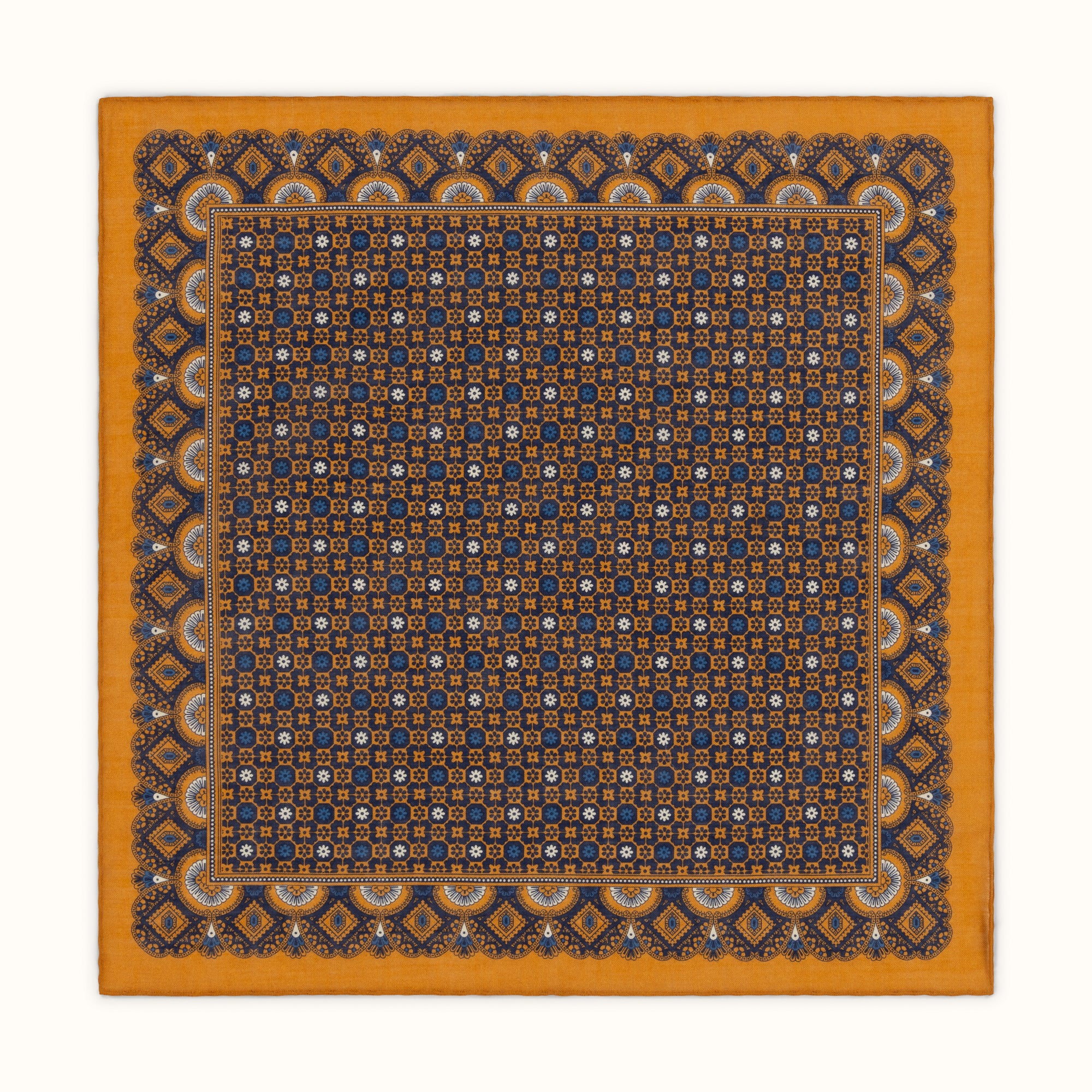 Ochre & Blue Geometric Flowers Pocket Square