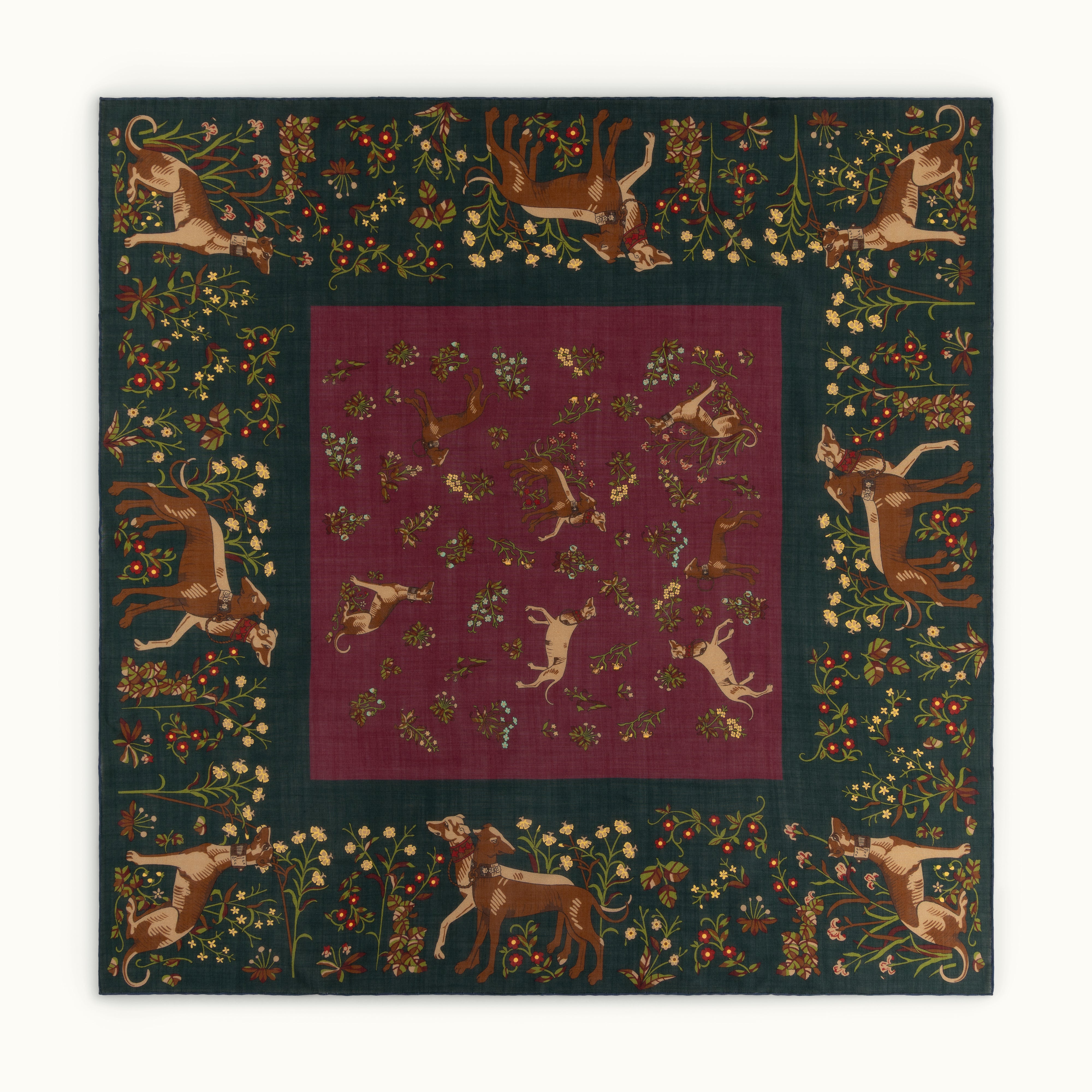 Burgundy and Green Sighthounds Wool-Silk Square Scarf