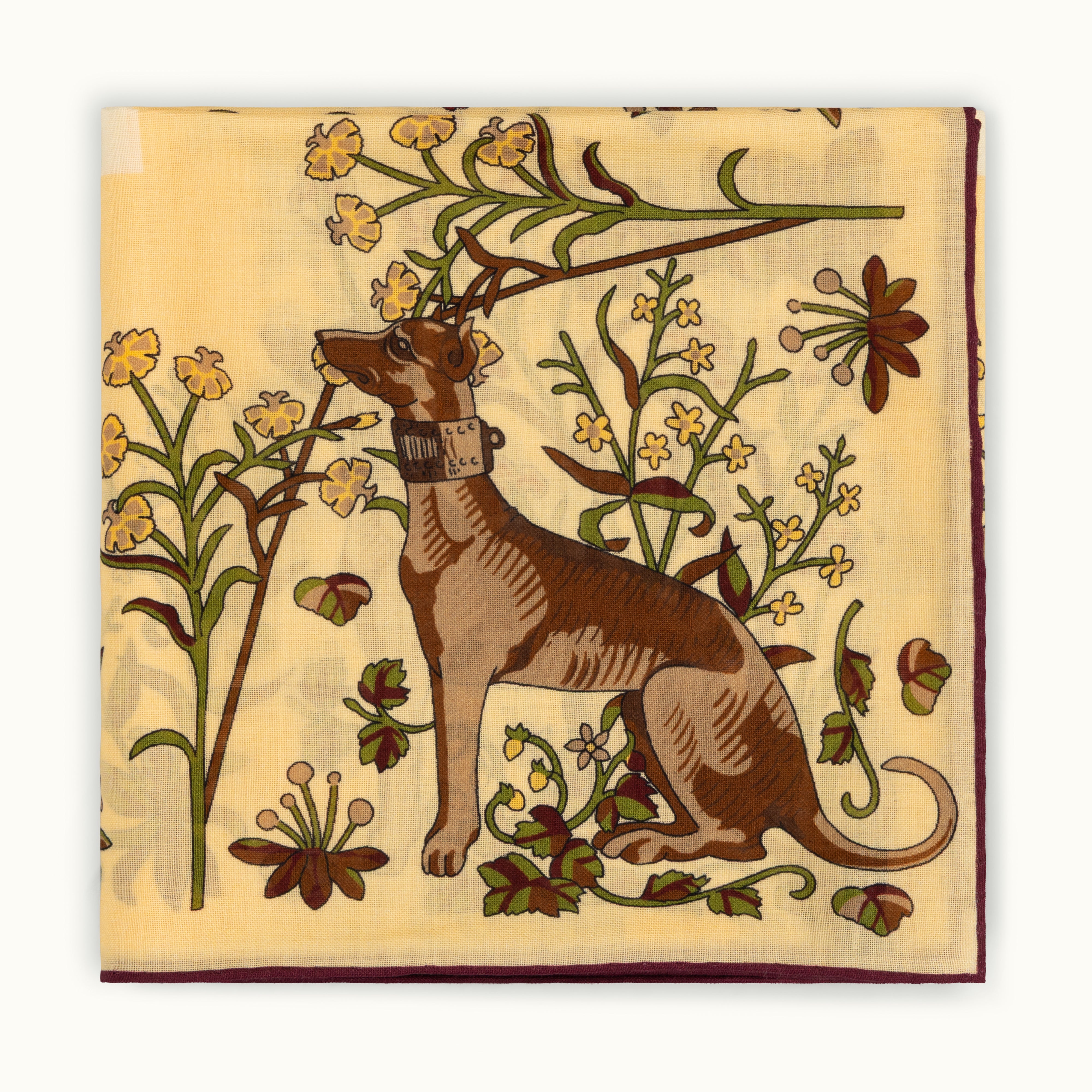 Ecru and Burgundy Sighthounds Wool-Silk Square Scarf