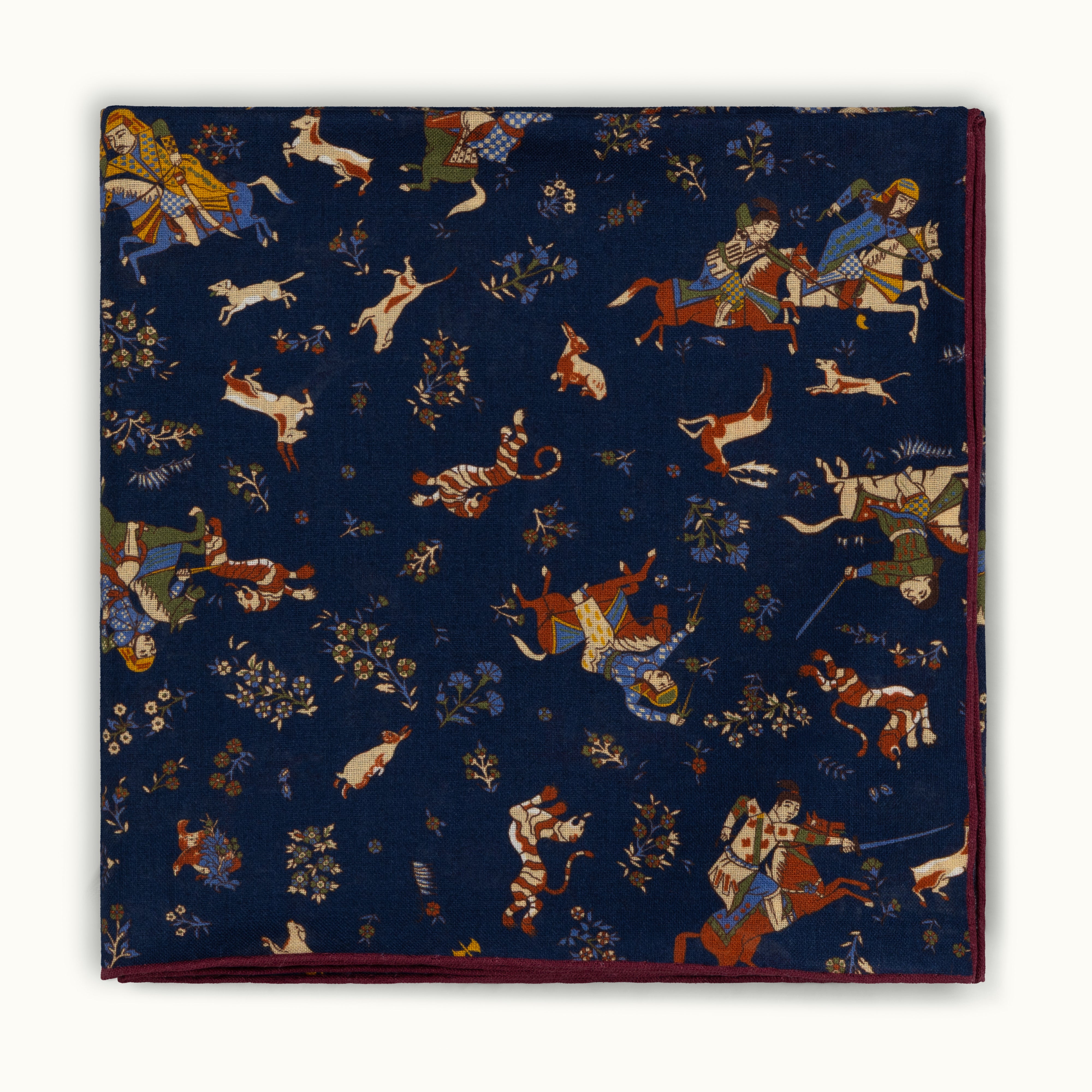 Navy Blue Tumbling Mughals Wool-Silk Square Scarf