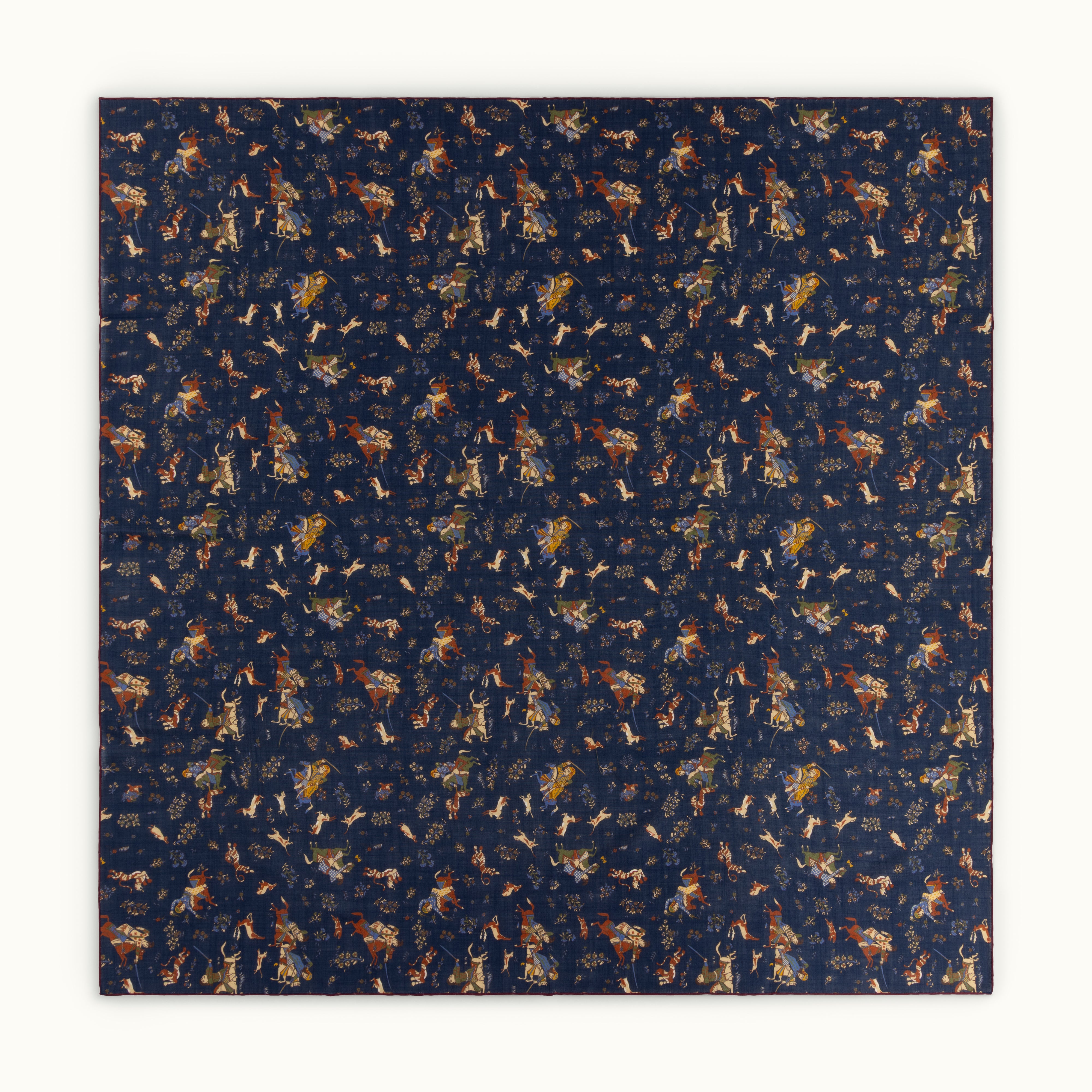 Navy Blue Tumbling Mughals Wool-Silk Square Scarf