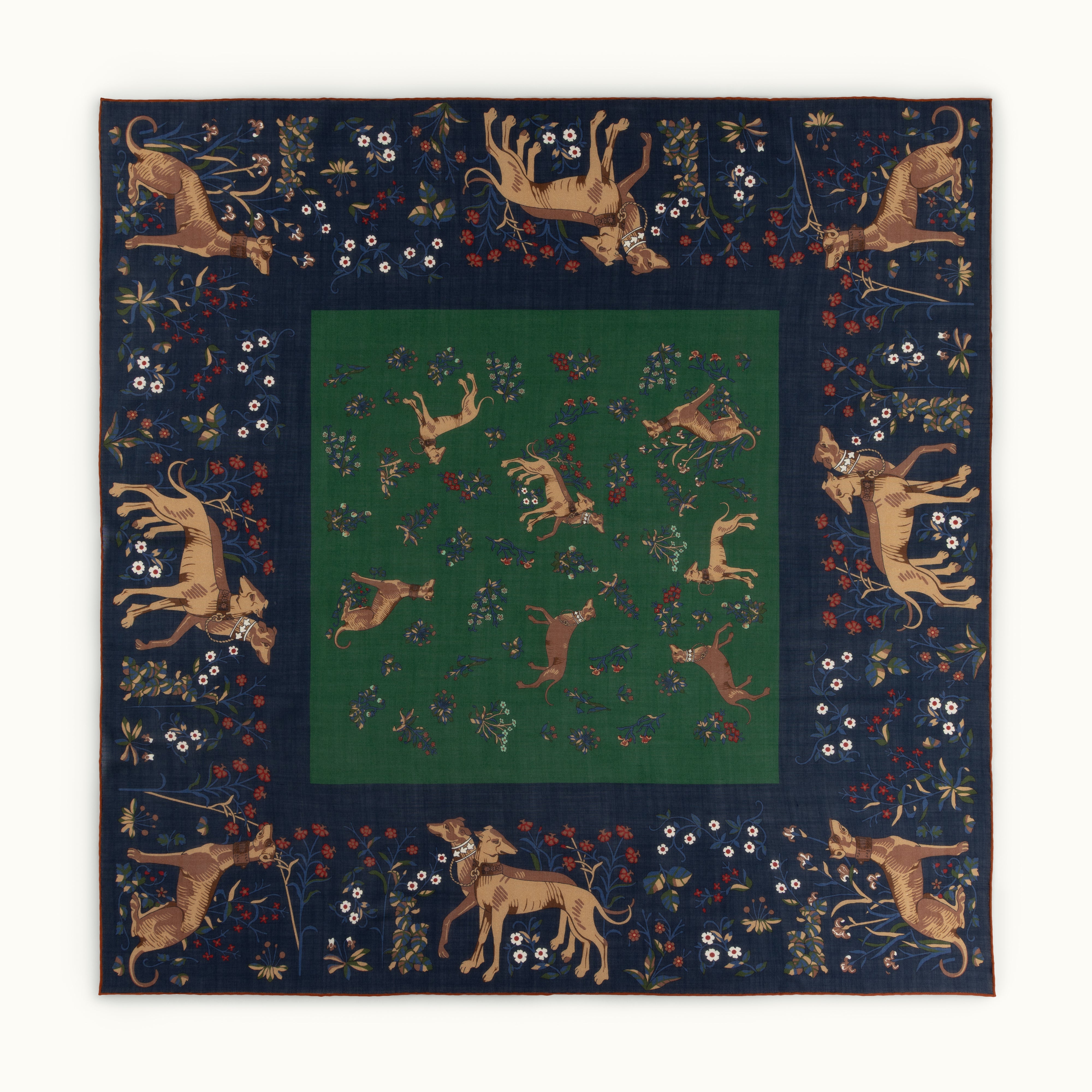 Green and Navy Sighthounds Wool-Silk Square Scarf