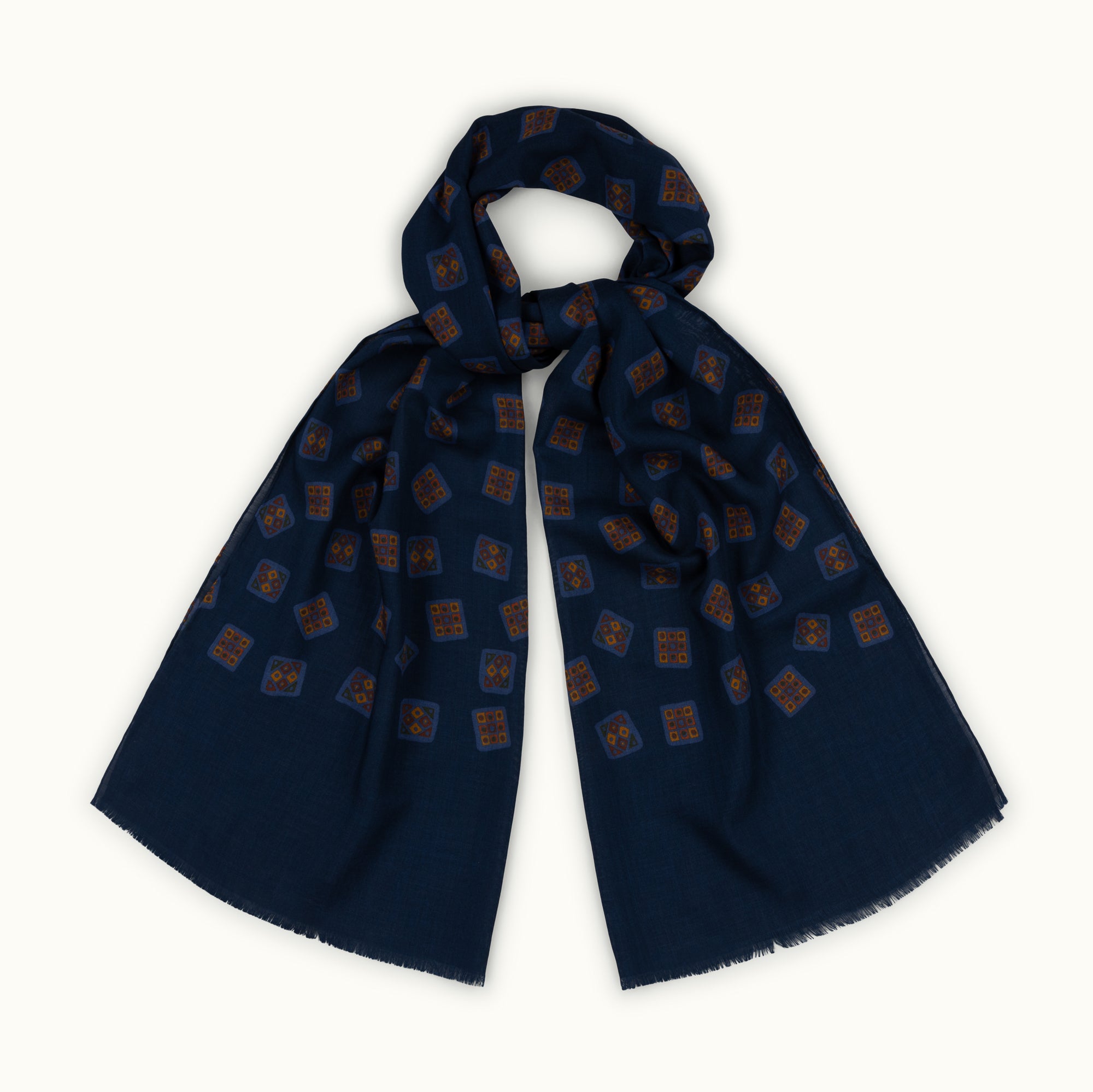 Navy Blue Tumbling Motif Wool-Silk Scarf