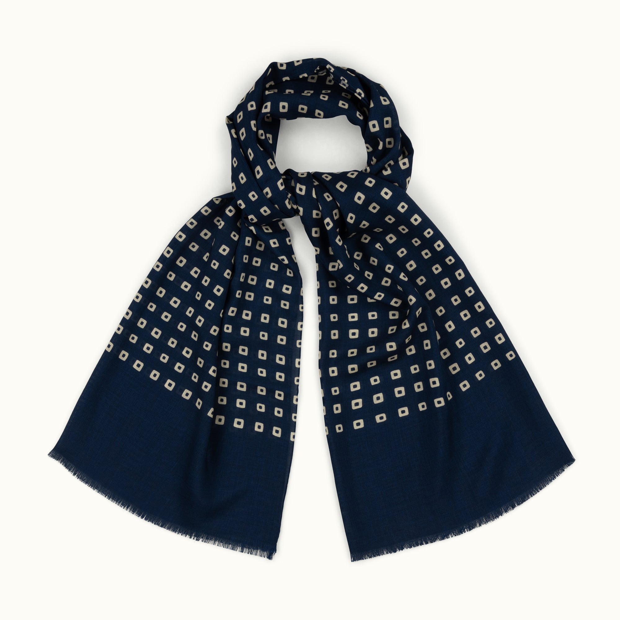 Navy Blue Irregular Squares Wool-Silk Scarf