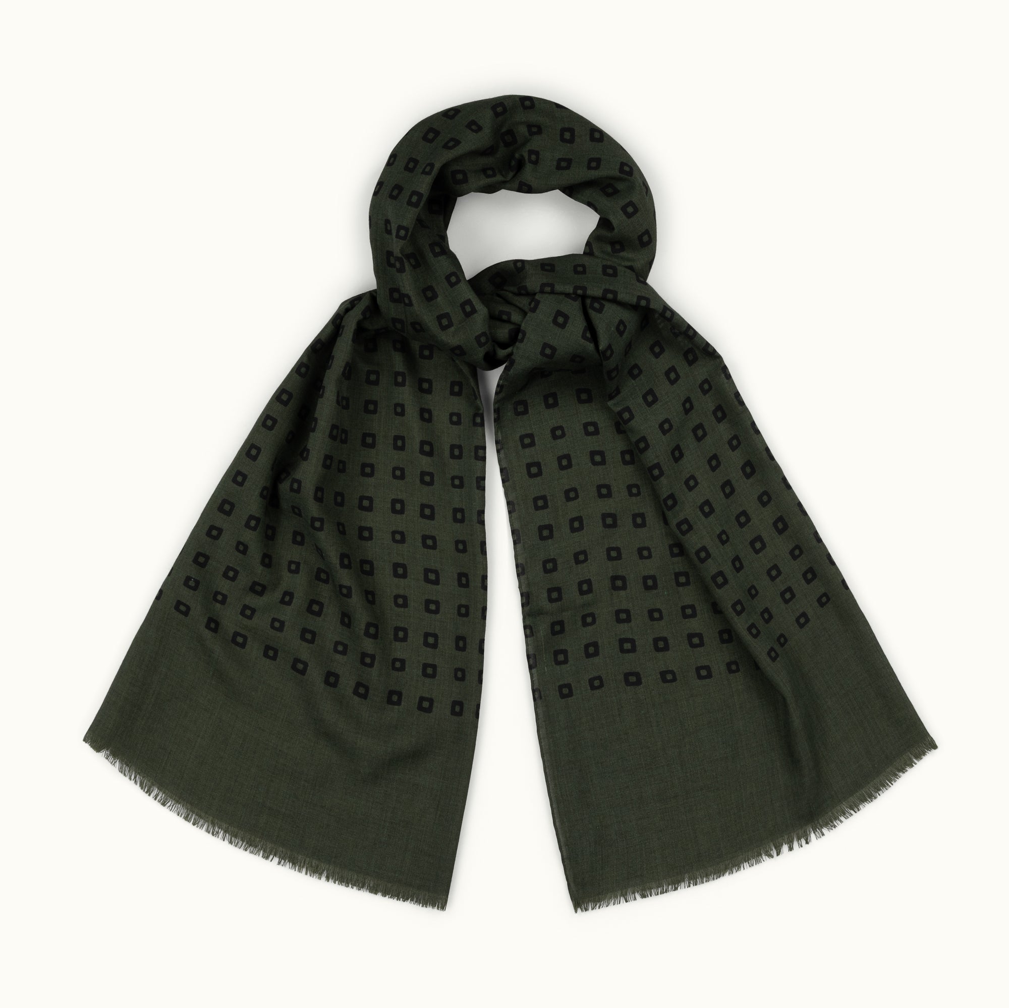 Olive Irregular Squares Wool-Silk Scarf