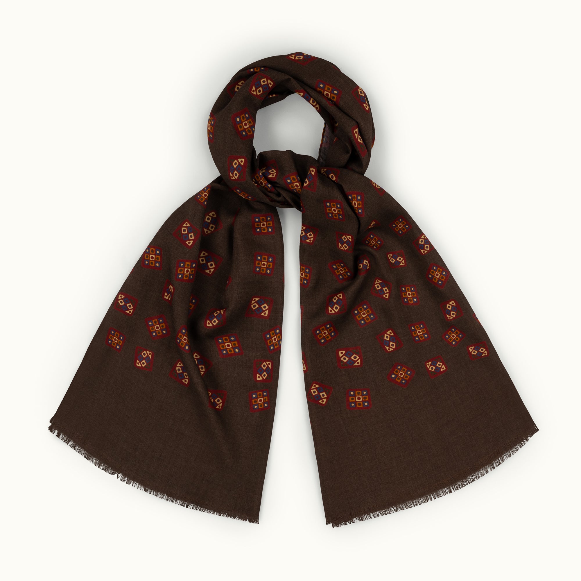 Brown Tumbling Motif Wool-Silk Scarf