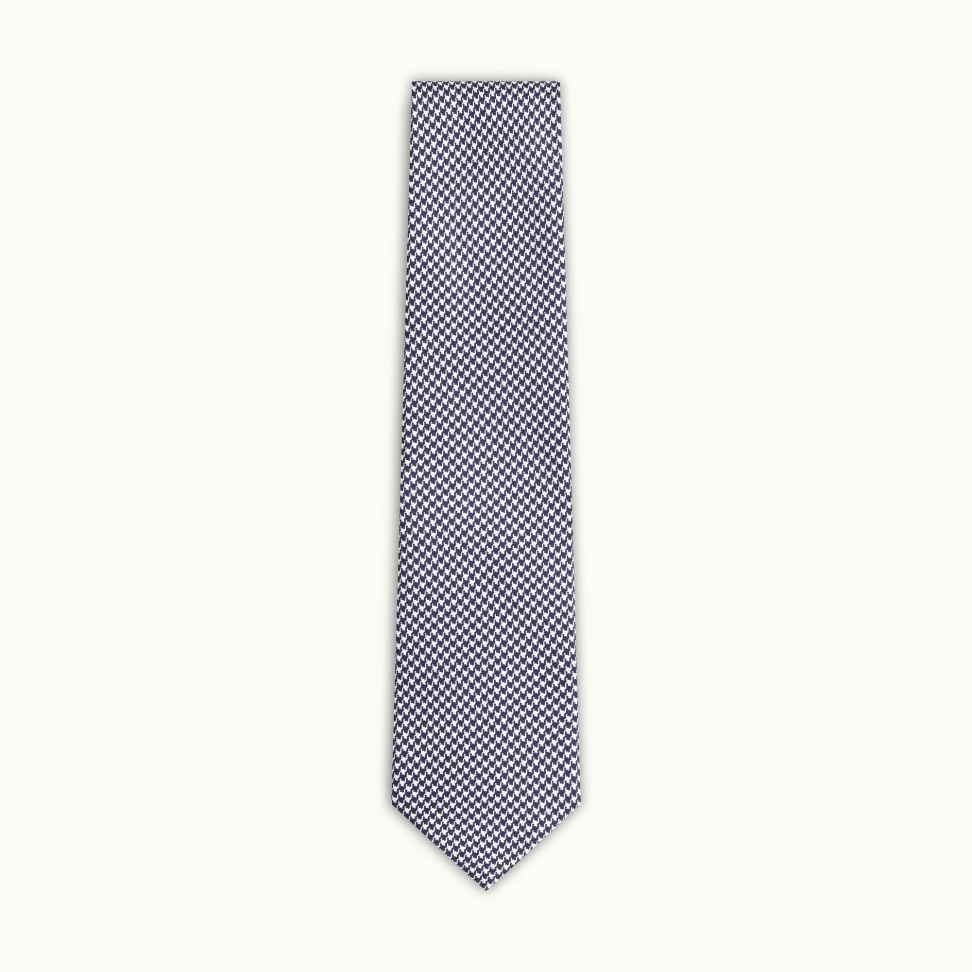 Navy Blue & Silver Houndstooth Printed Silk Tie
