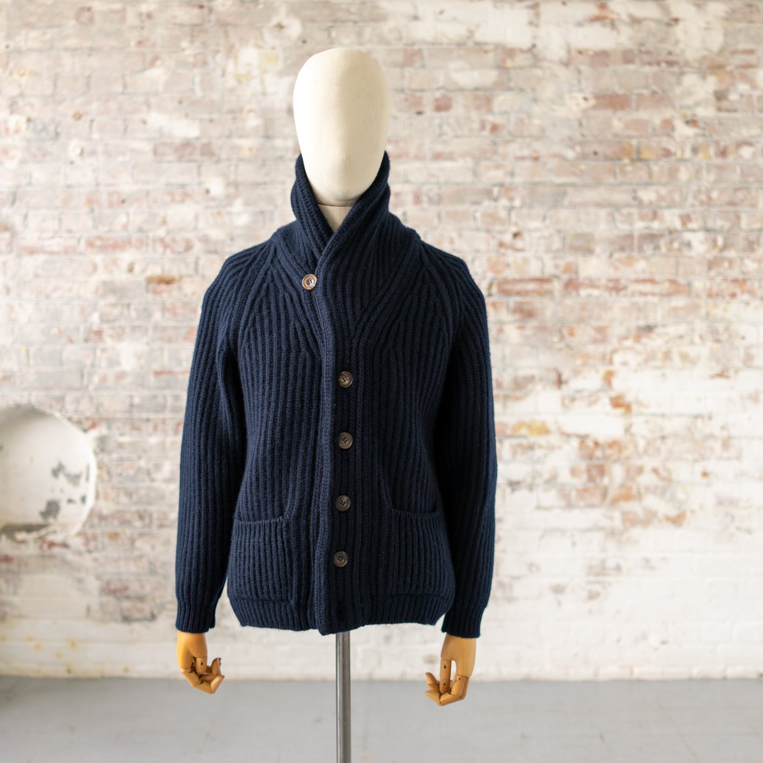 Navy Blue Cashmere Shawl Collar Cardigan