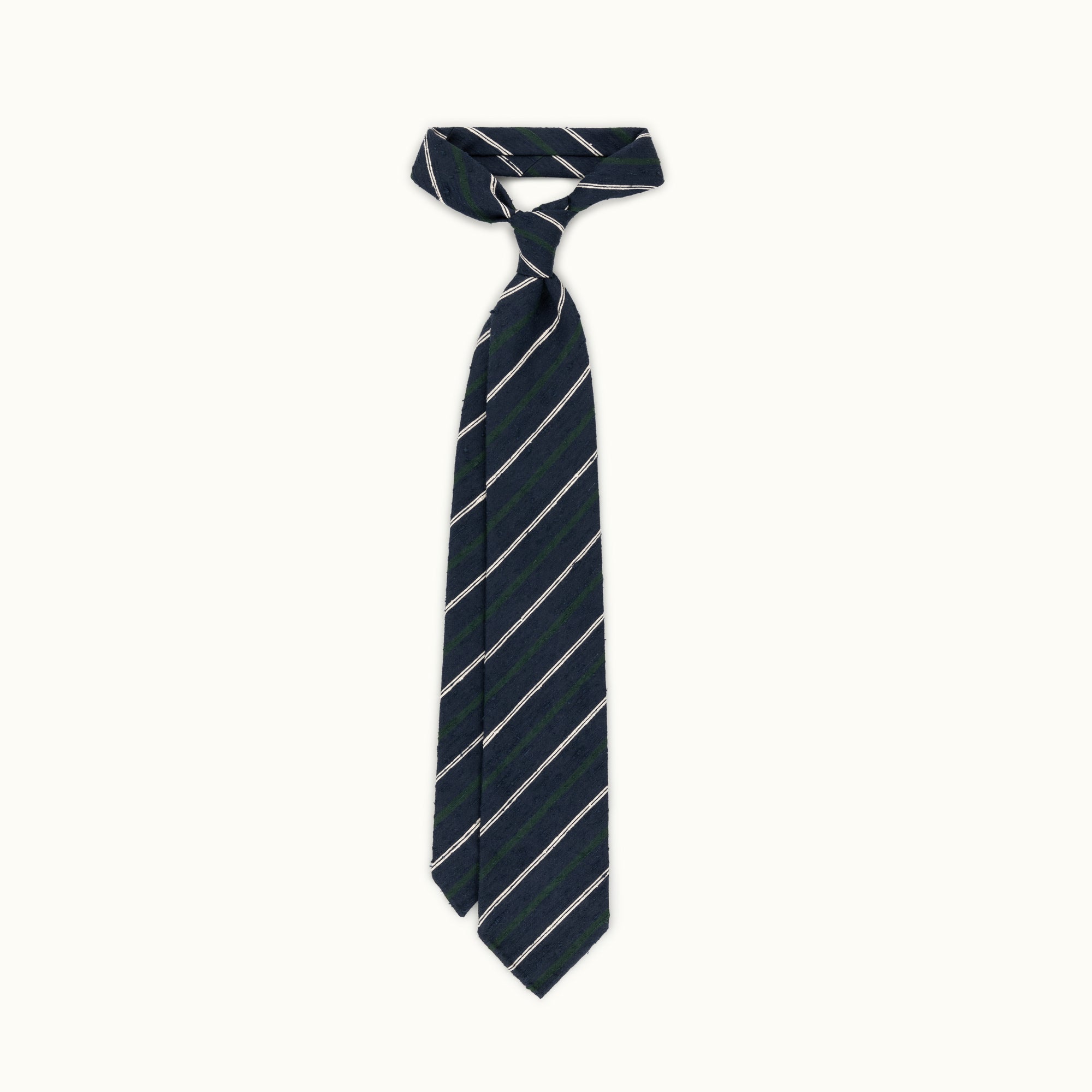 Navy, Green & White Fine Stripe Shantung Silk Tie