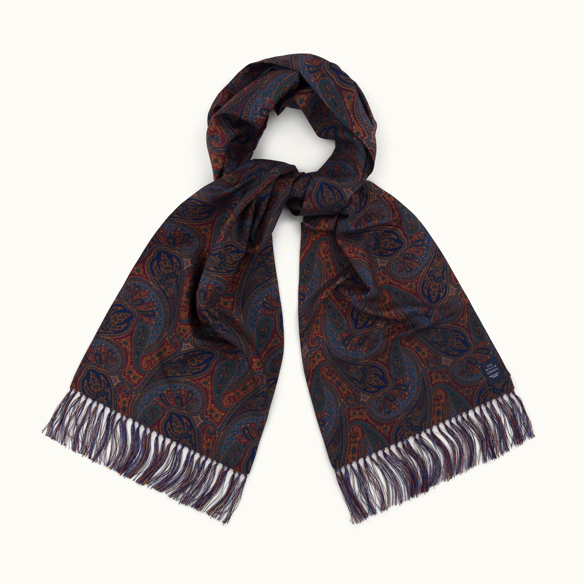 Navy & Burgundy Exploded Paisley Ancient Madder Silk Scarf